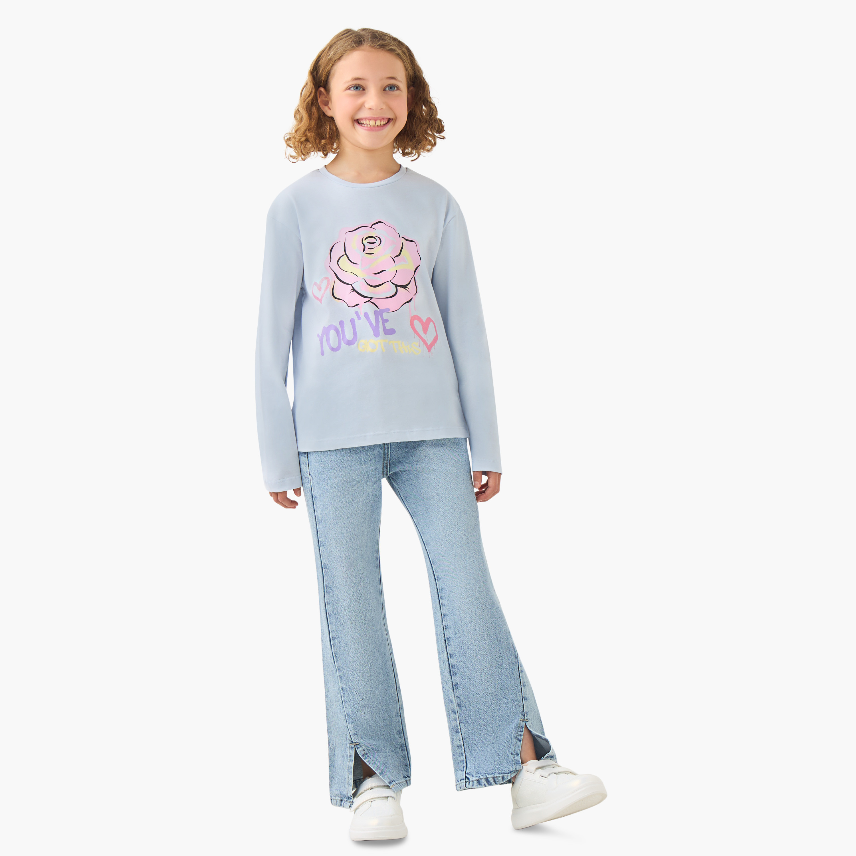 Juniors Girls Crew Neck T-shirt with Rose Print - Cotton - Long Sleeves-girls-clothing-tshirts-image-2