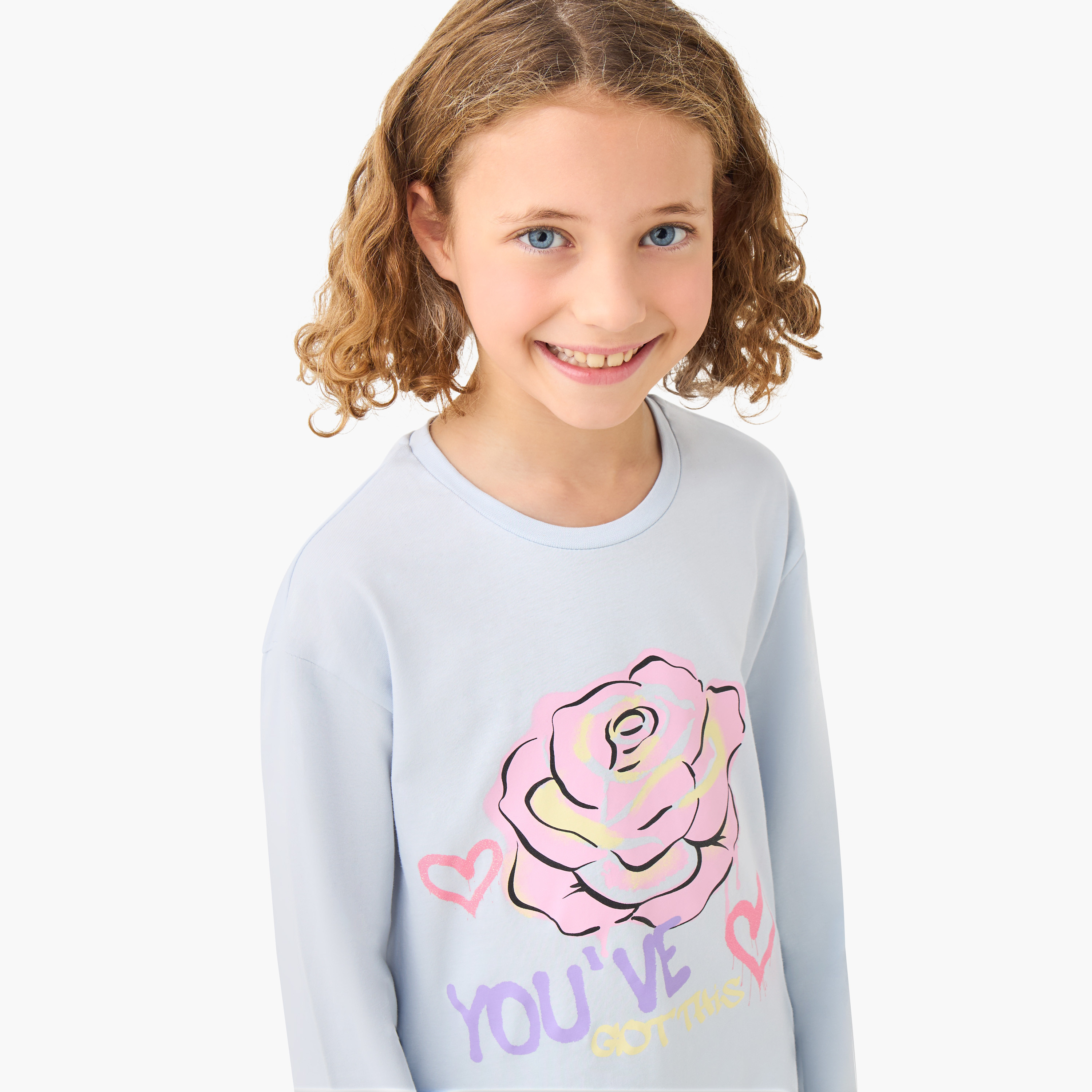 Juniors Girls Crew Neck T-shirt with Rose Print - Cotton - Long Sleeves-girls-clothing-tshirts-image-4