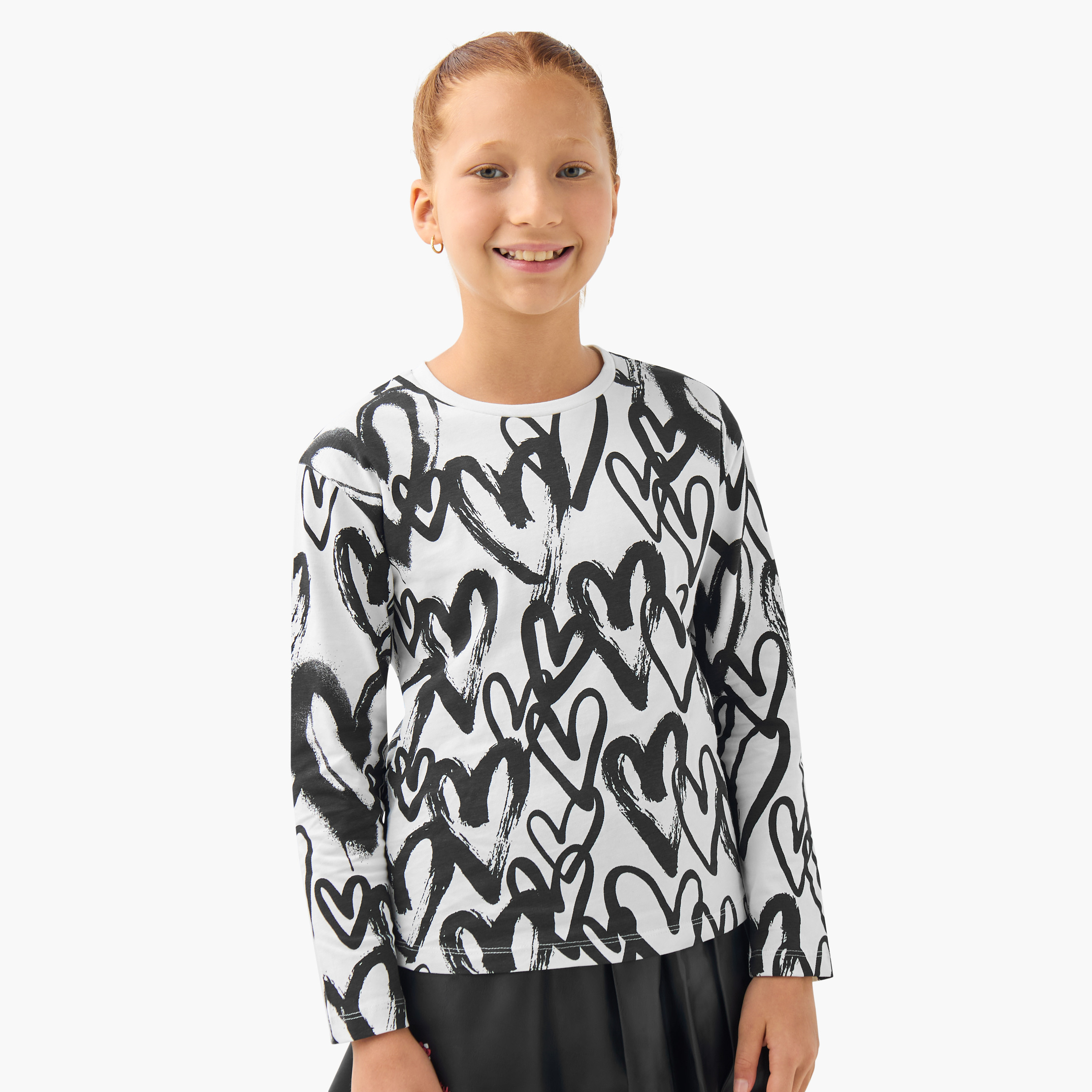 Juniors Girls Crew Neck T-shirt with Heart Print - Cotton - Long Sleeves-girls-clothing-tshirts-image-1