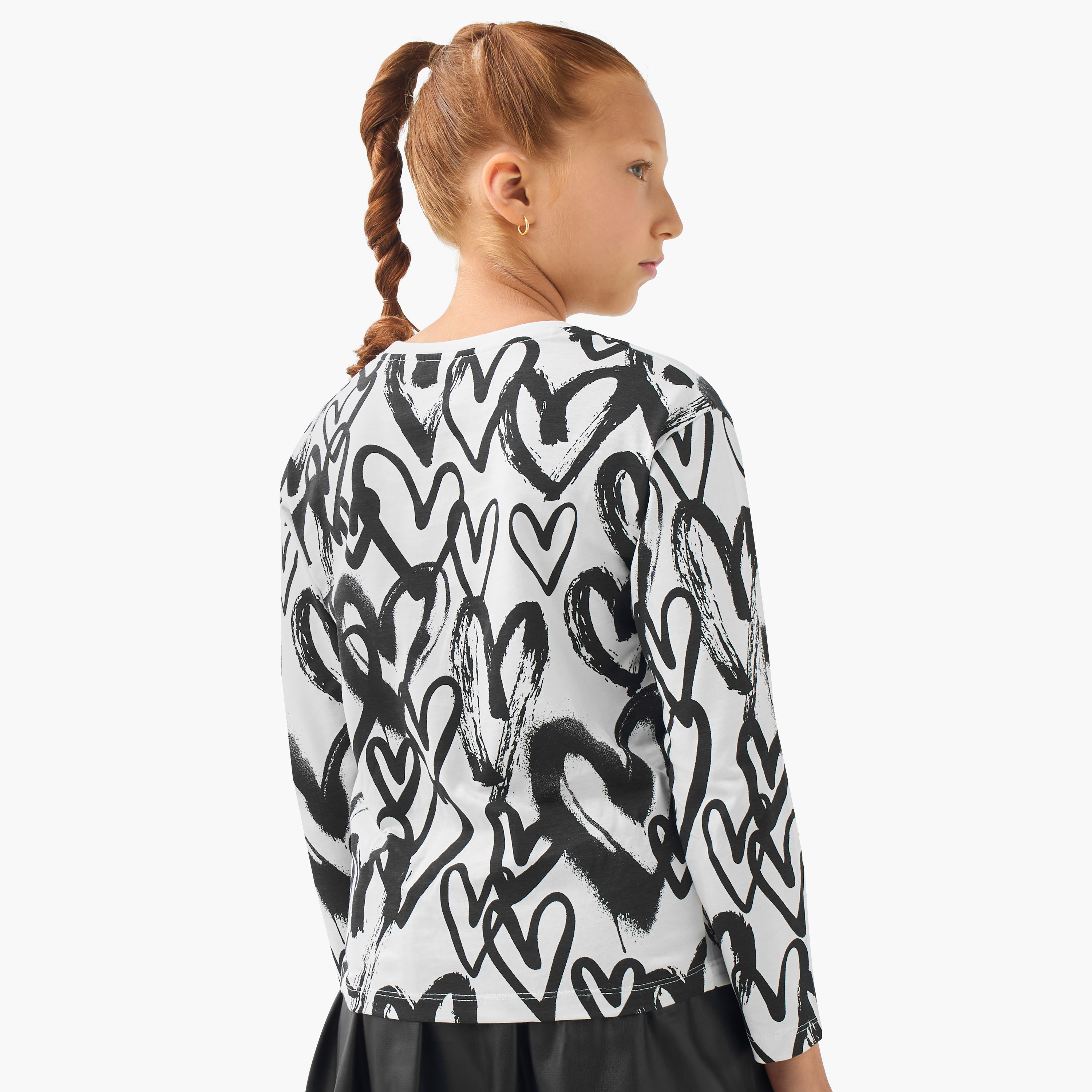 Juniors Girls Crew Neck T-shirt with Heart Print - Cotton - Long Sleeves-girls-clothing-tshirts-image-3