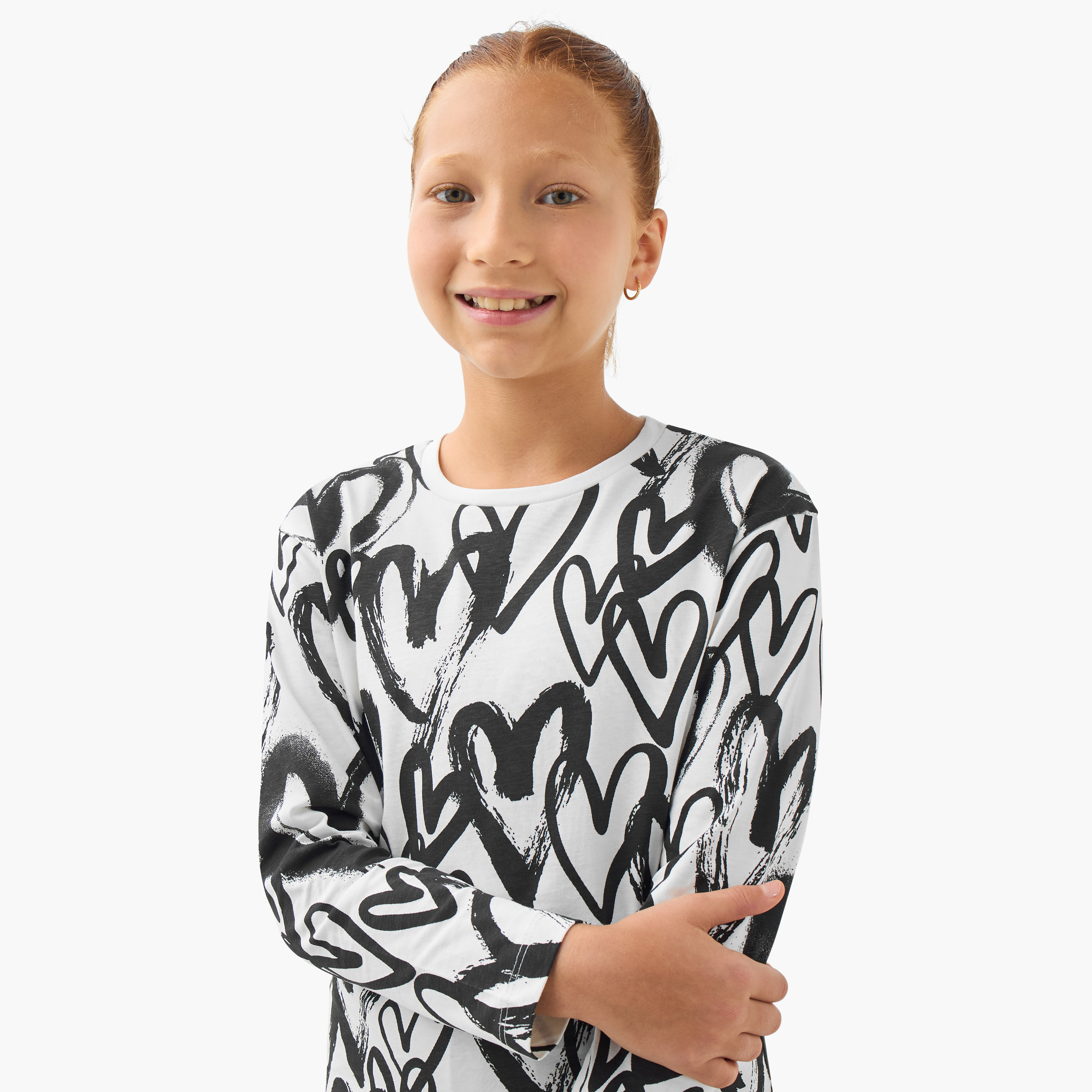 Juniors Girls Crew Neck T-shirt with Heart Print - Cotton - Long Sleeves-girls-clothing-tshirts-image-4