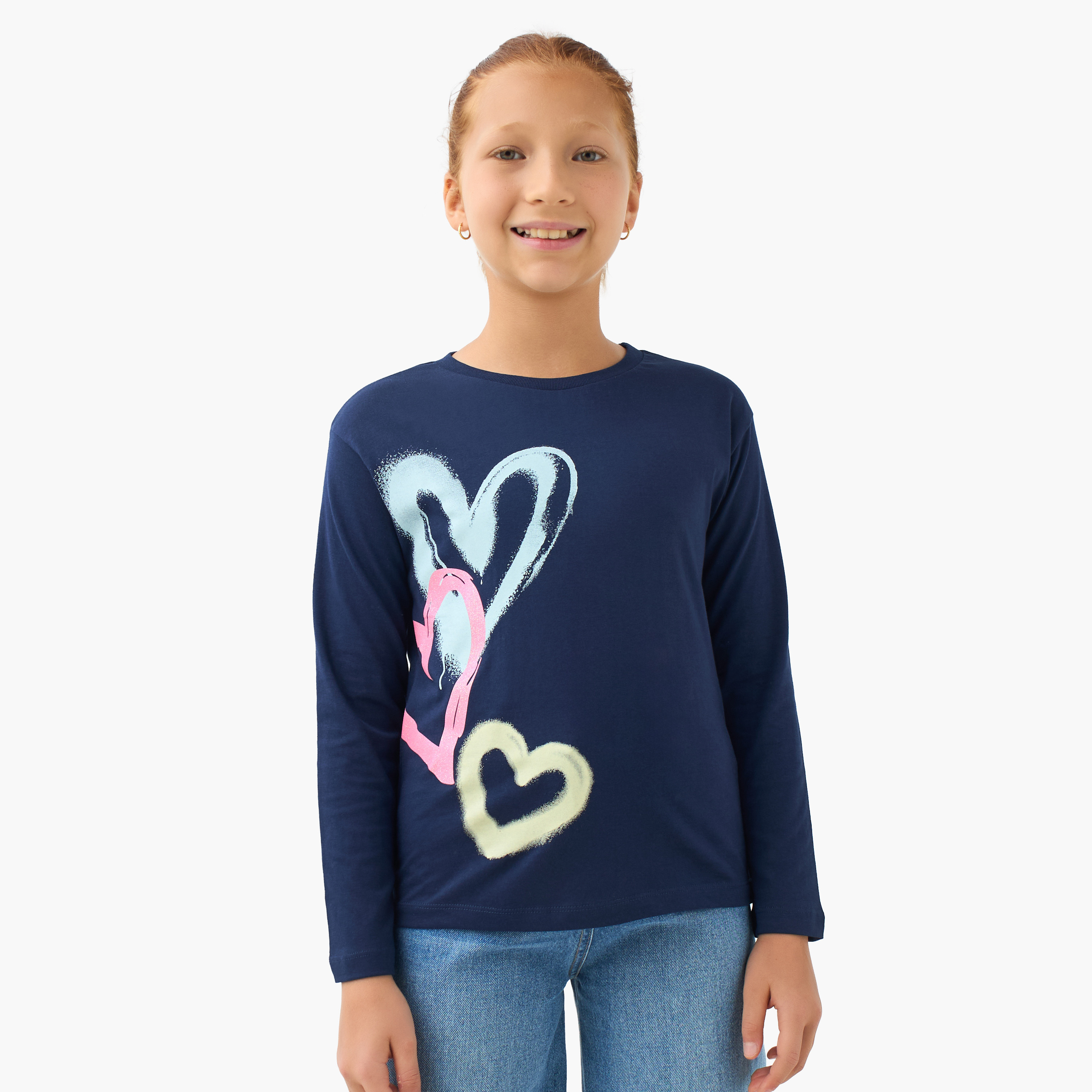 Juniors Girls Crew Neck T-shirt with Heart Print - Cotton - Long Sleeves-girls-clothing-tshirts-image-1