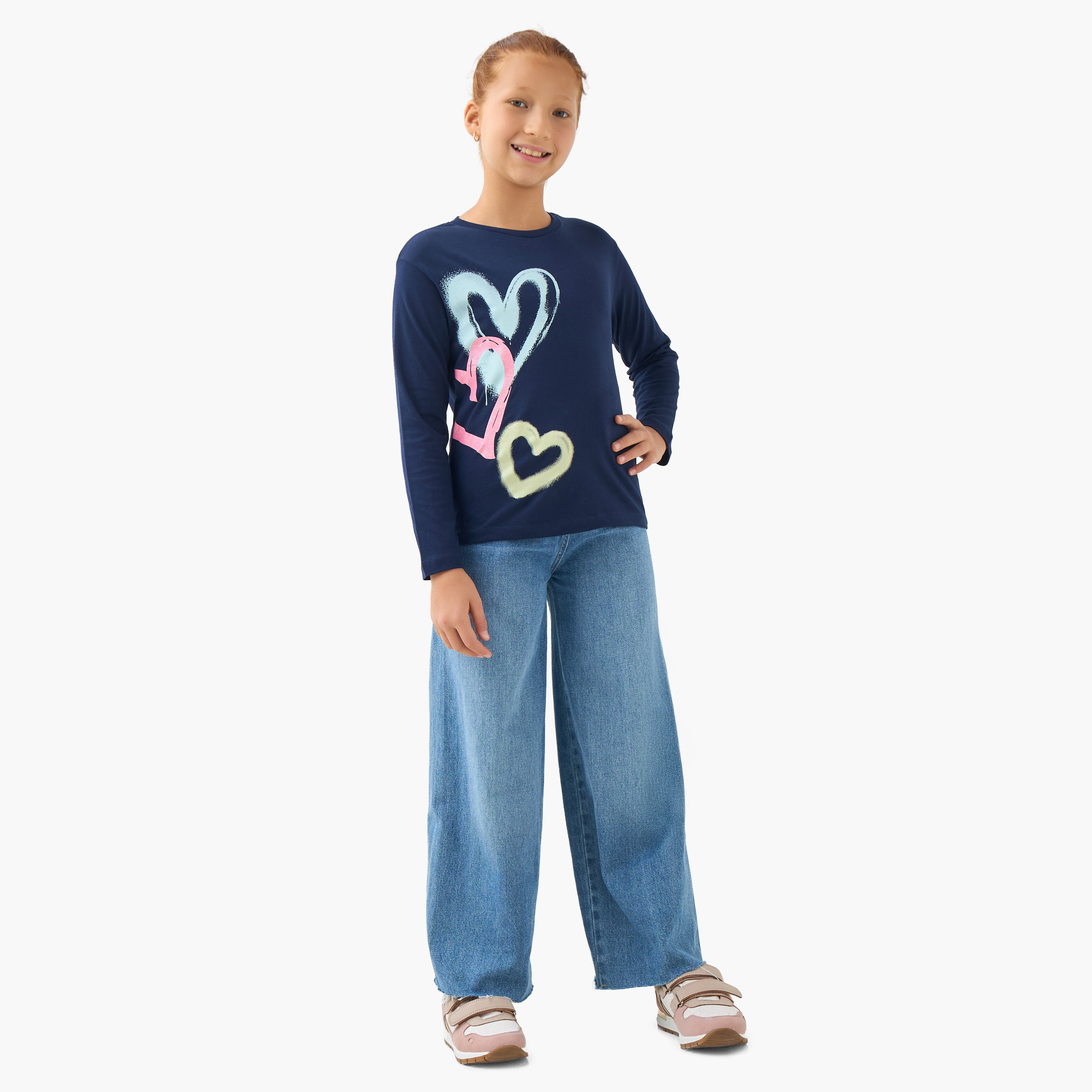 Juniors Girls Crew Neck T-shirt with Heart Print - Cotton - Long Sleeves-girls-clothing-tshirts-image-2