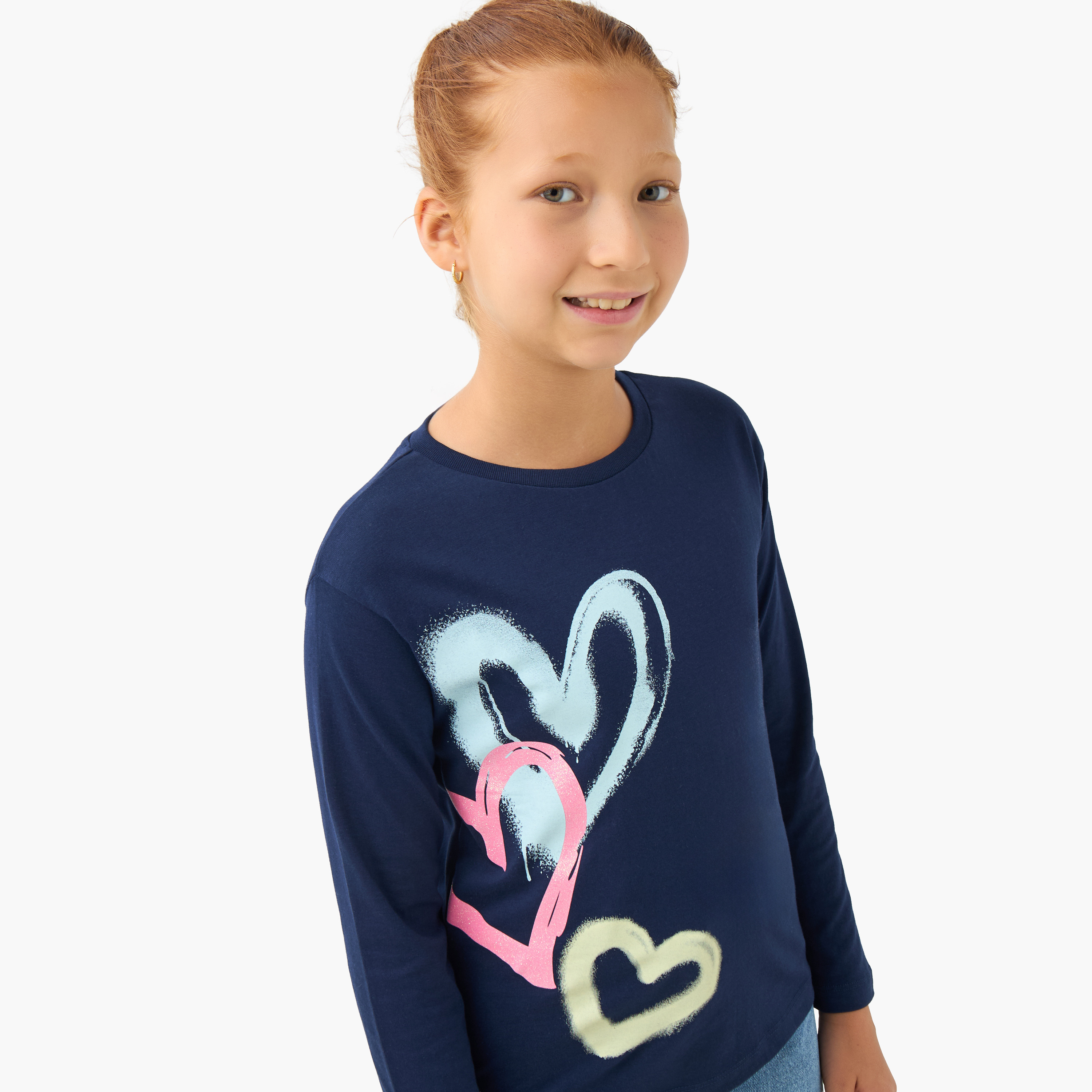 Juniors Girls Crew Neck T-shirt with Heart Print - Cotton - Long Sleeves-girls-clothing-tshirts-image-4