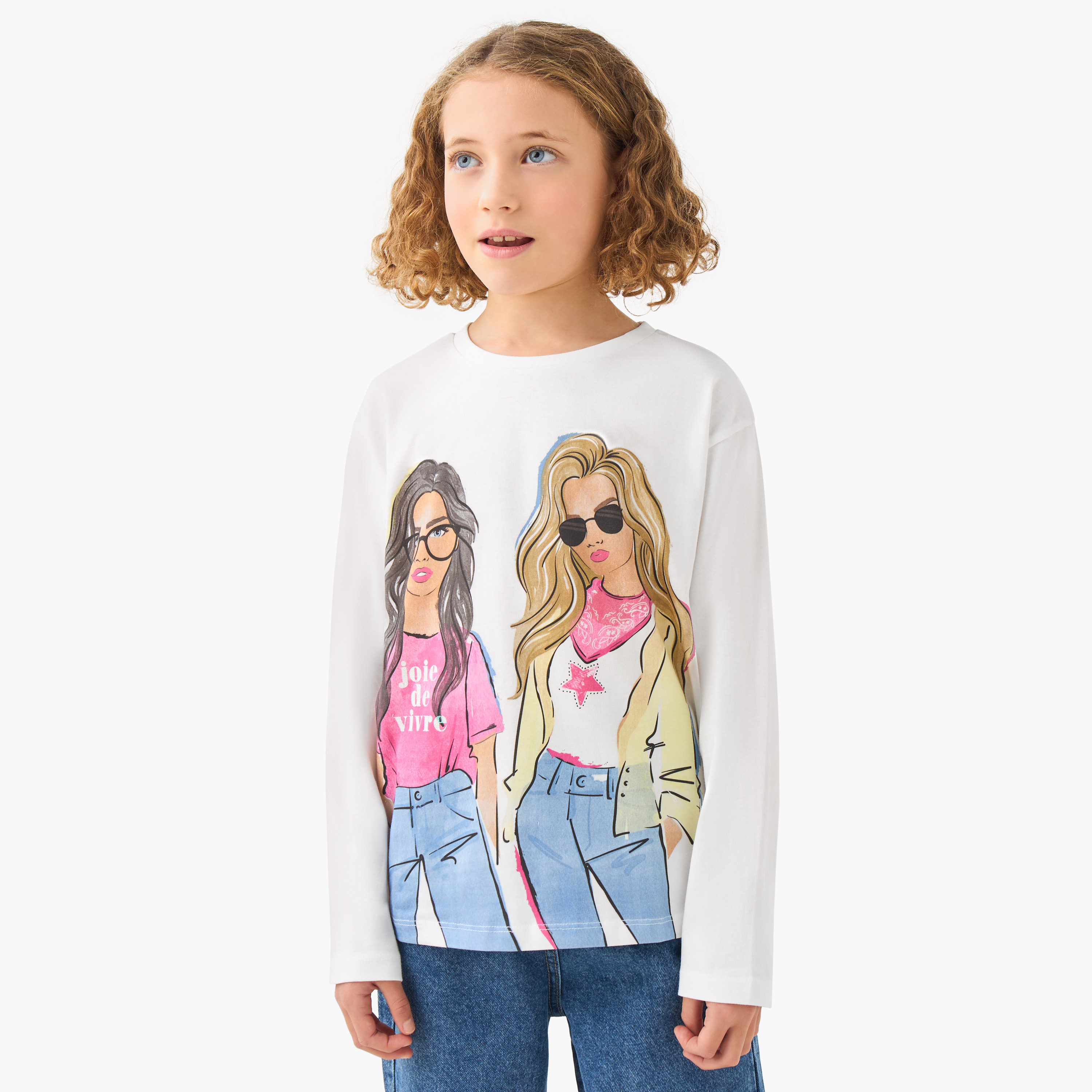 Juniors Girls Crew Neck T-shirt with Graphic Print - Cotton - Long Sleeves-girls-clothing-tshirts-image-1