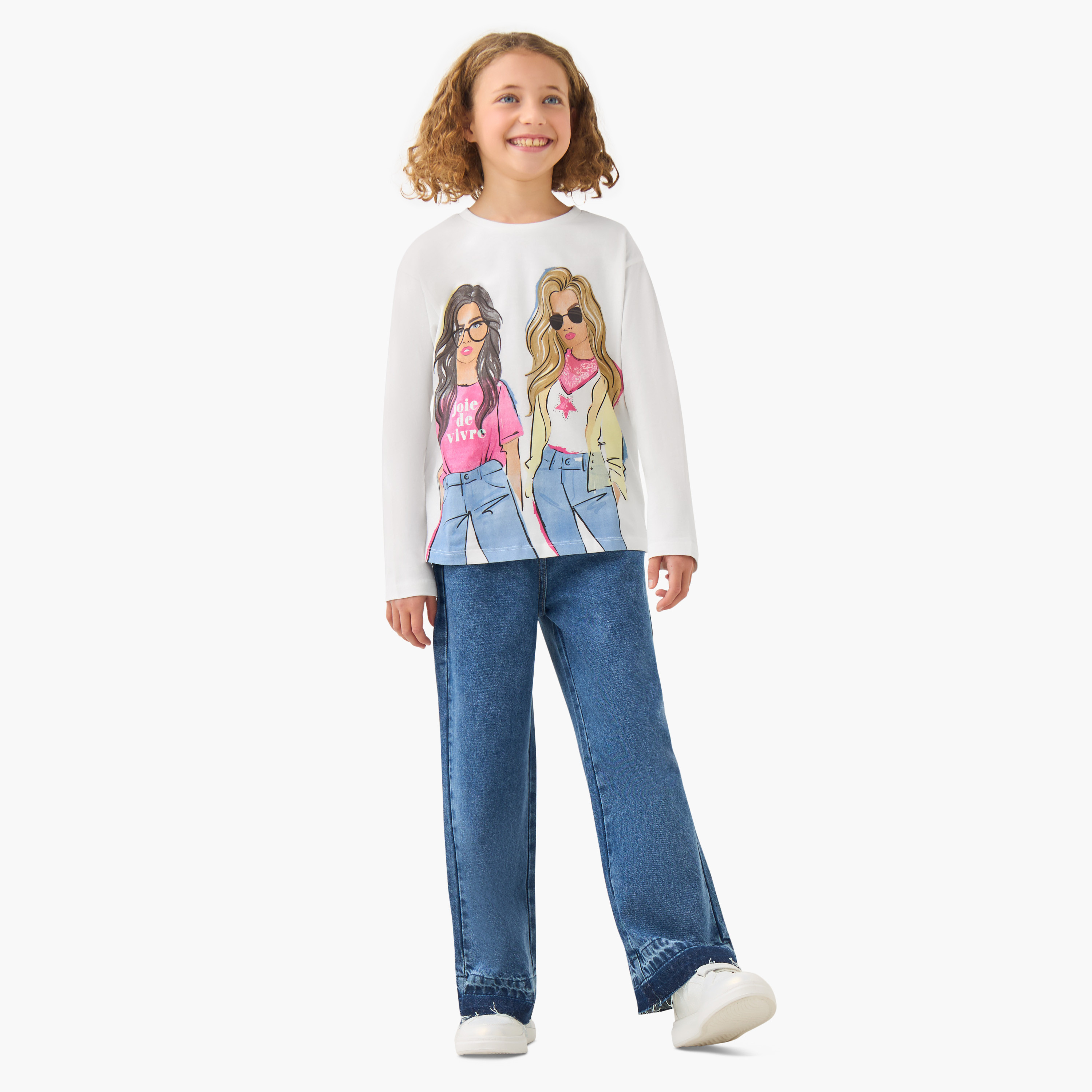 Juniors Girls Crew Neck T-shirt with Graphic Print - Cotton - Long Sleeves-girls-clothing-tshirts-image-2