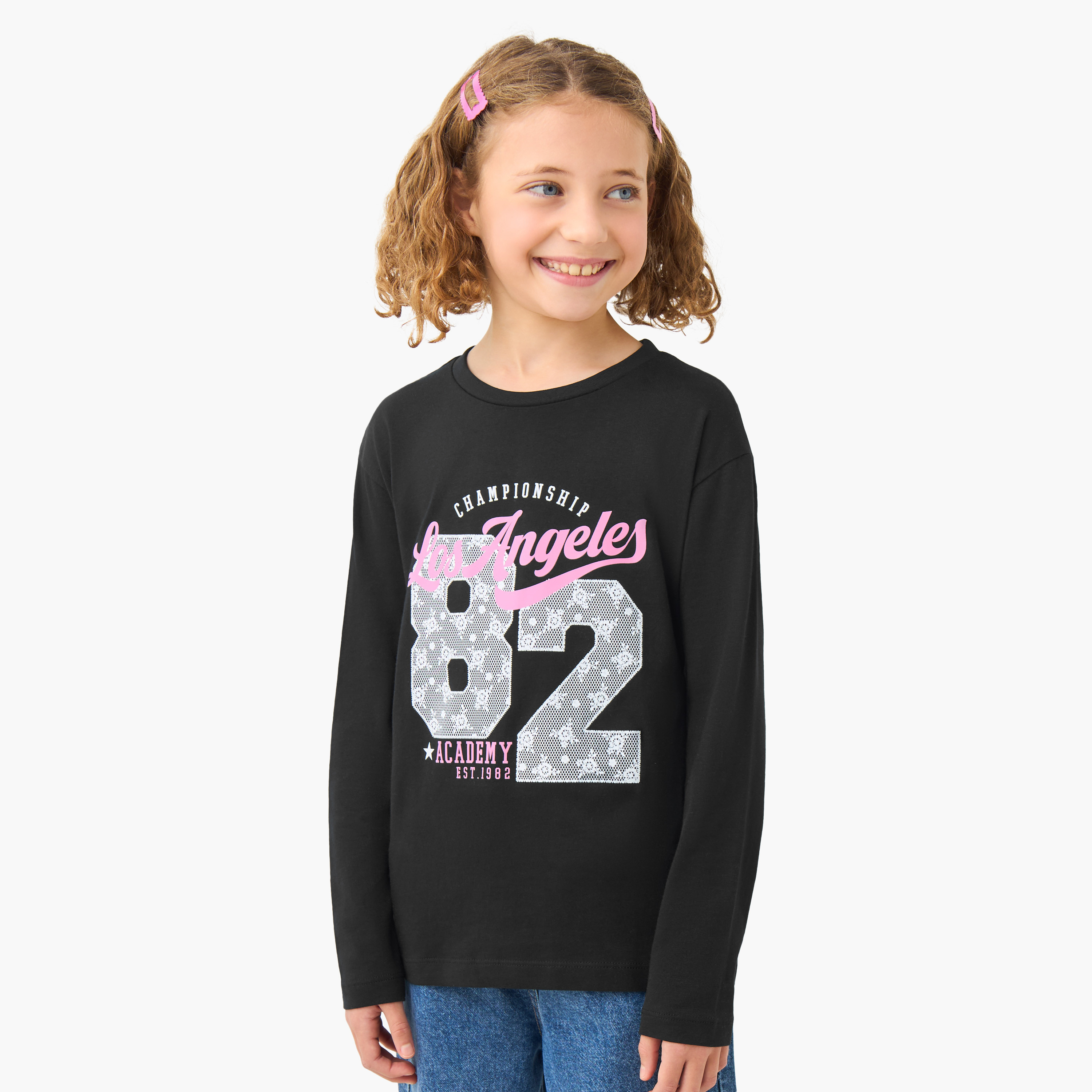 تيشيرت بناتي قطن بطبعات لوس أنجلوس وياقة ضيقة وأكمام طويلة من جونيورز-girls-clothing-tshirts-image-5