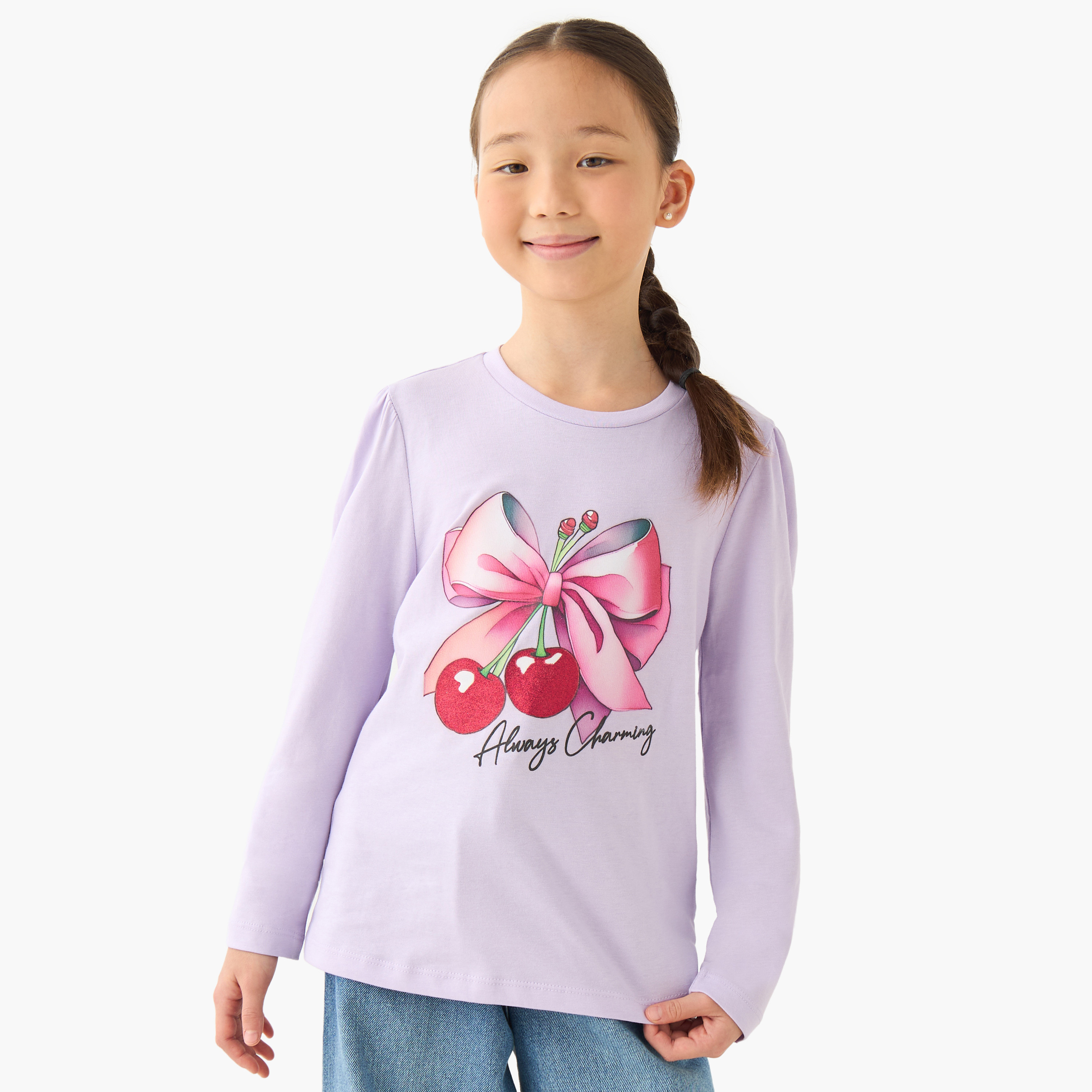 Juniors Girls Crew Neck T-shirt with Graphic Print - Cotton - Long Sleeves-girls-clothing-tshirts-image-1