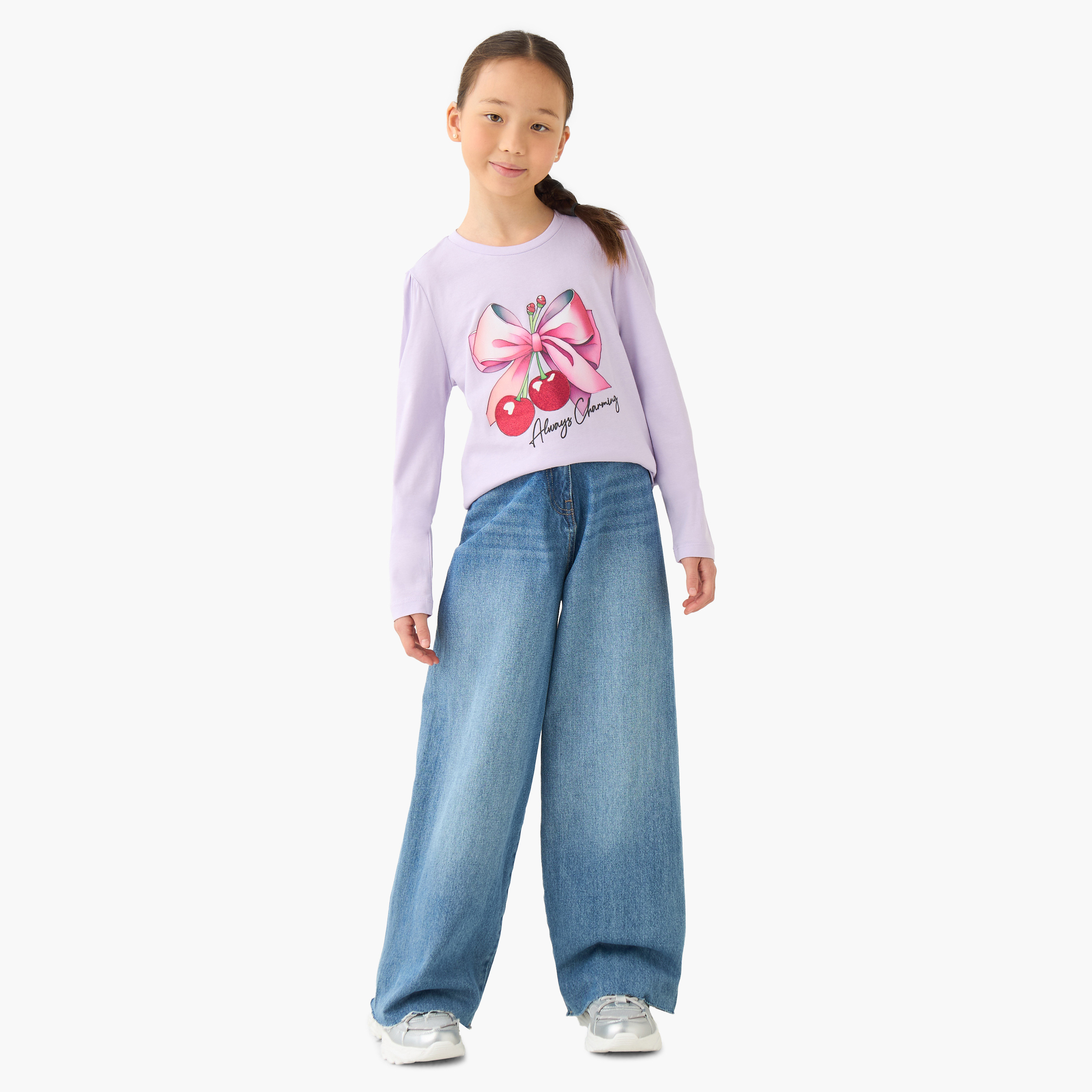 Juniors Girls Crew Neck T-shirt with Graphic Print - Cotton - Long Sleeves-girls-clothing-tshirts-image-2