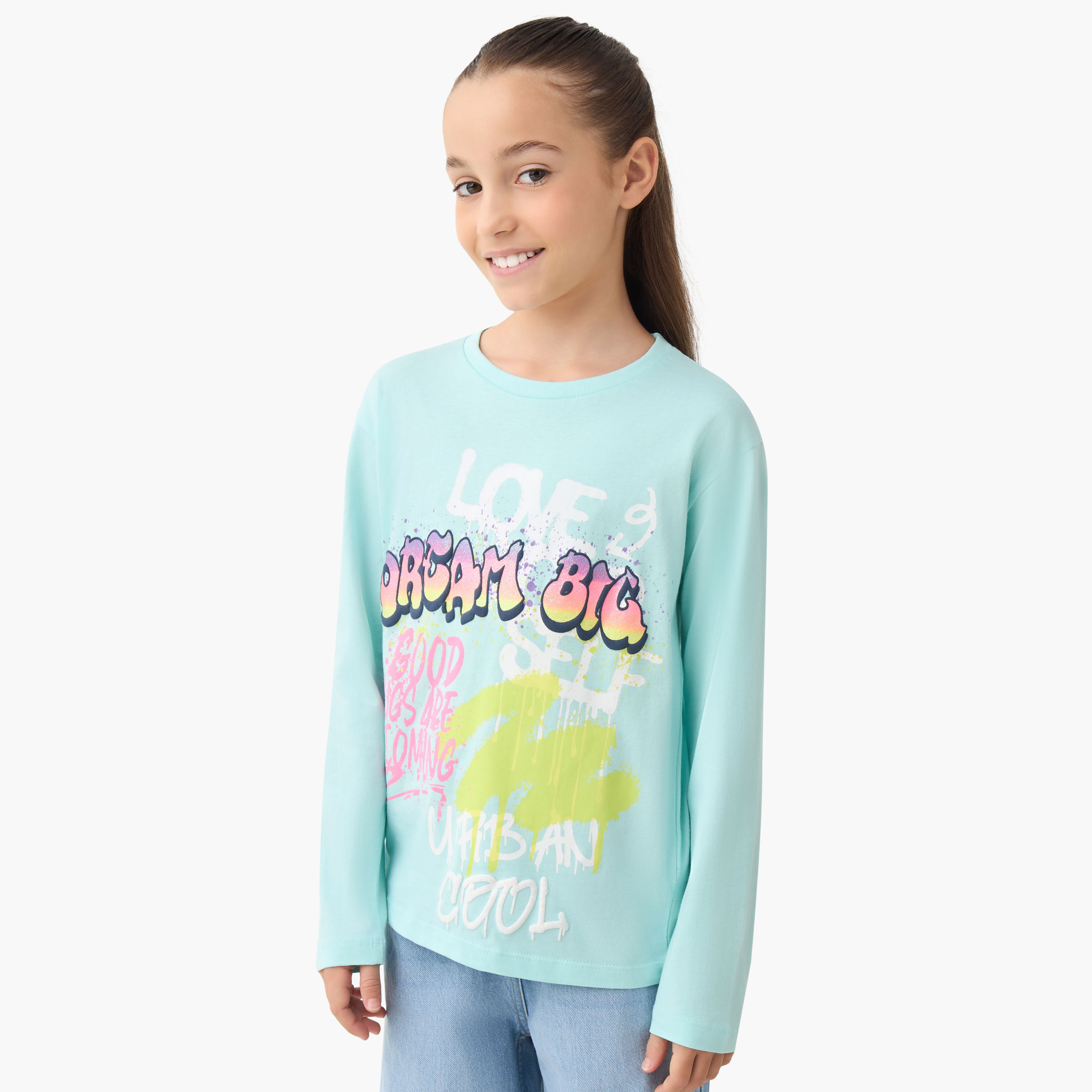 تيشيرت بأكمام طويلة وطبعات جرافيتي وياقة ضيقة من جونيورز-girls-clothing-tshirts-image-1