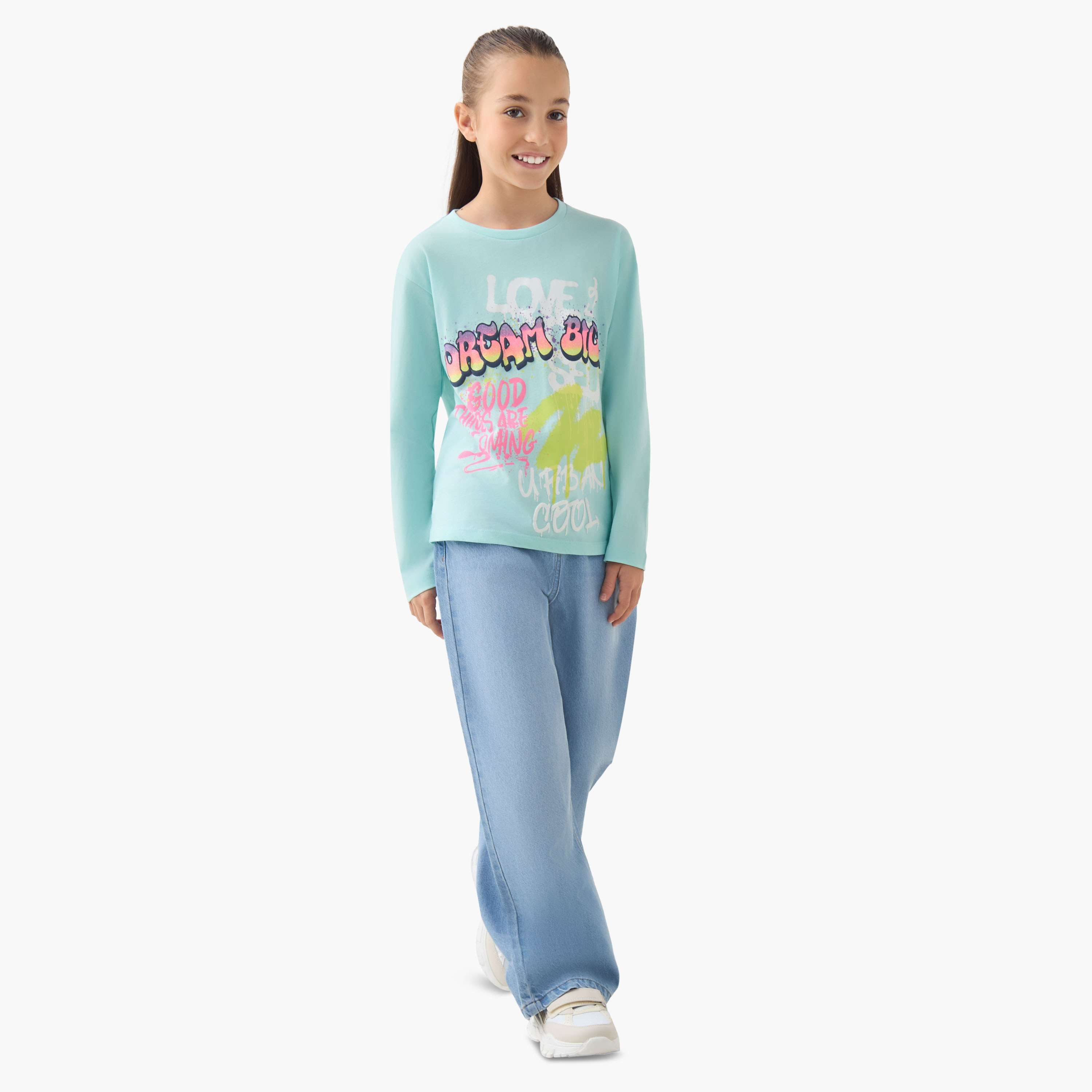 تيشيرت بأكمام طويلة وطبعات جرافيتي وياقة ضيقة من جونيورز-girls-clothing-tshirts-image-2