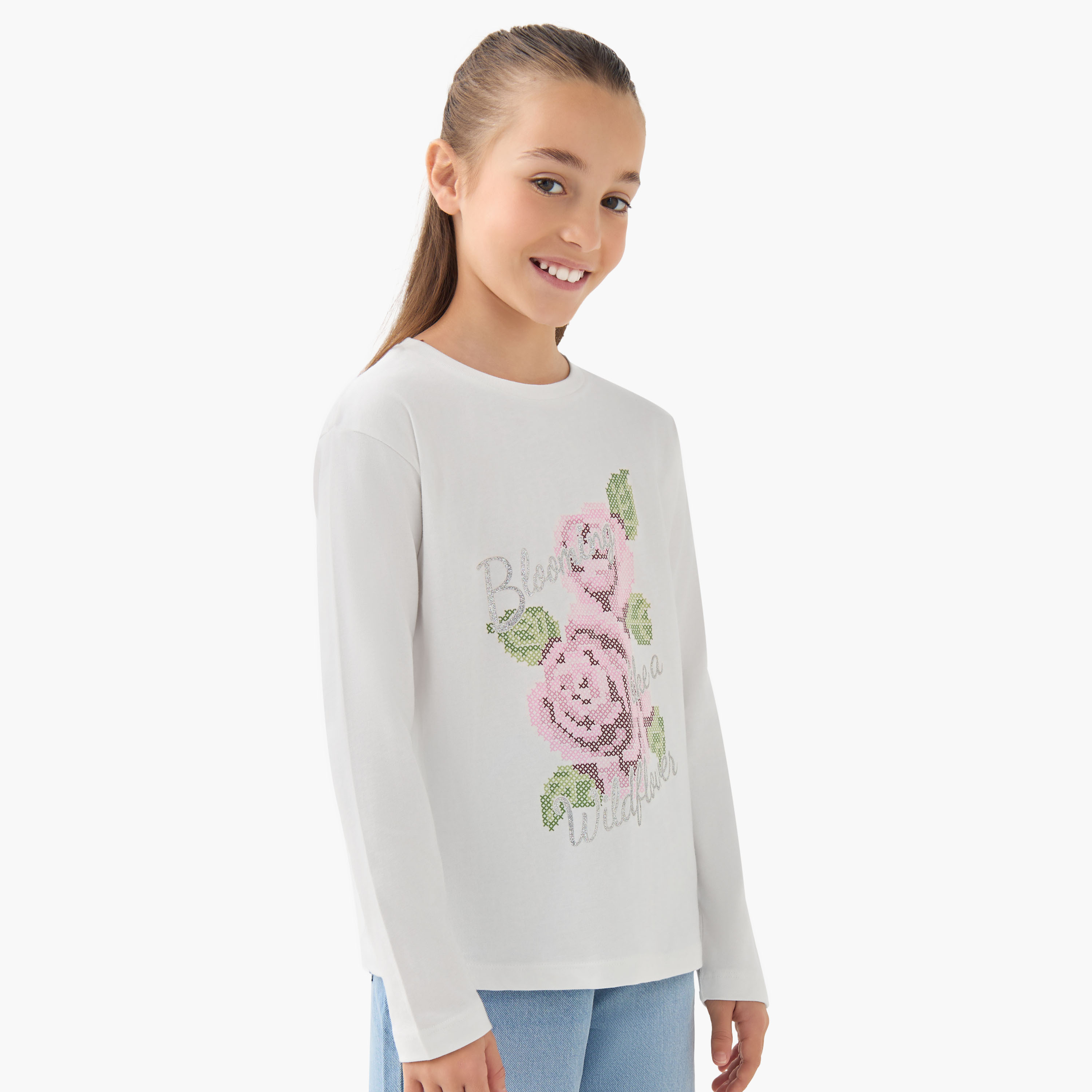Juniors Crew Neck Long Sleeves T-shirt with Floral Print-girls-clothing-tshirts-image-1
