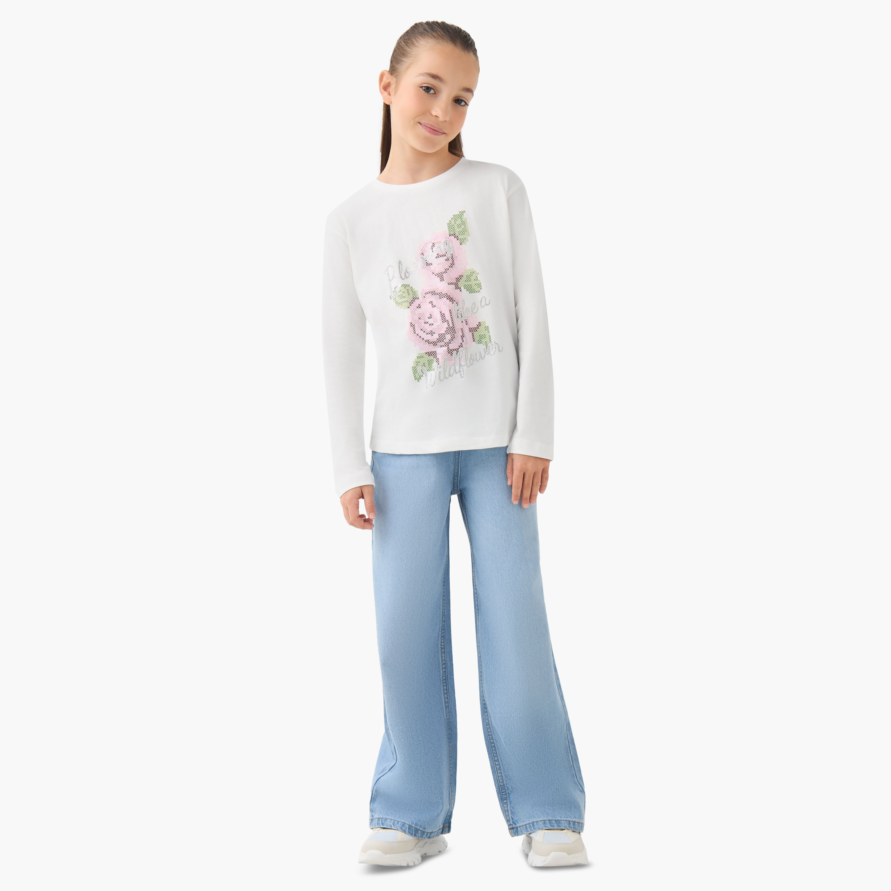 Juniors Crew Neck Long Sleeves T-shirt with Floral Print-girls-clothing-tshirts-image-2