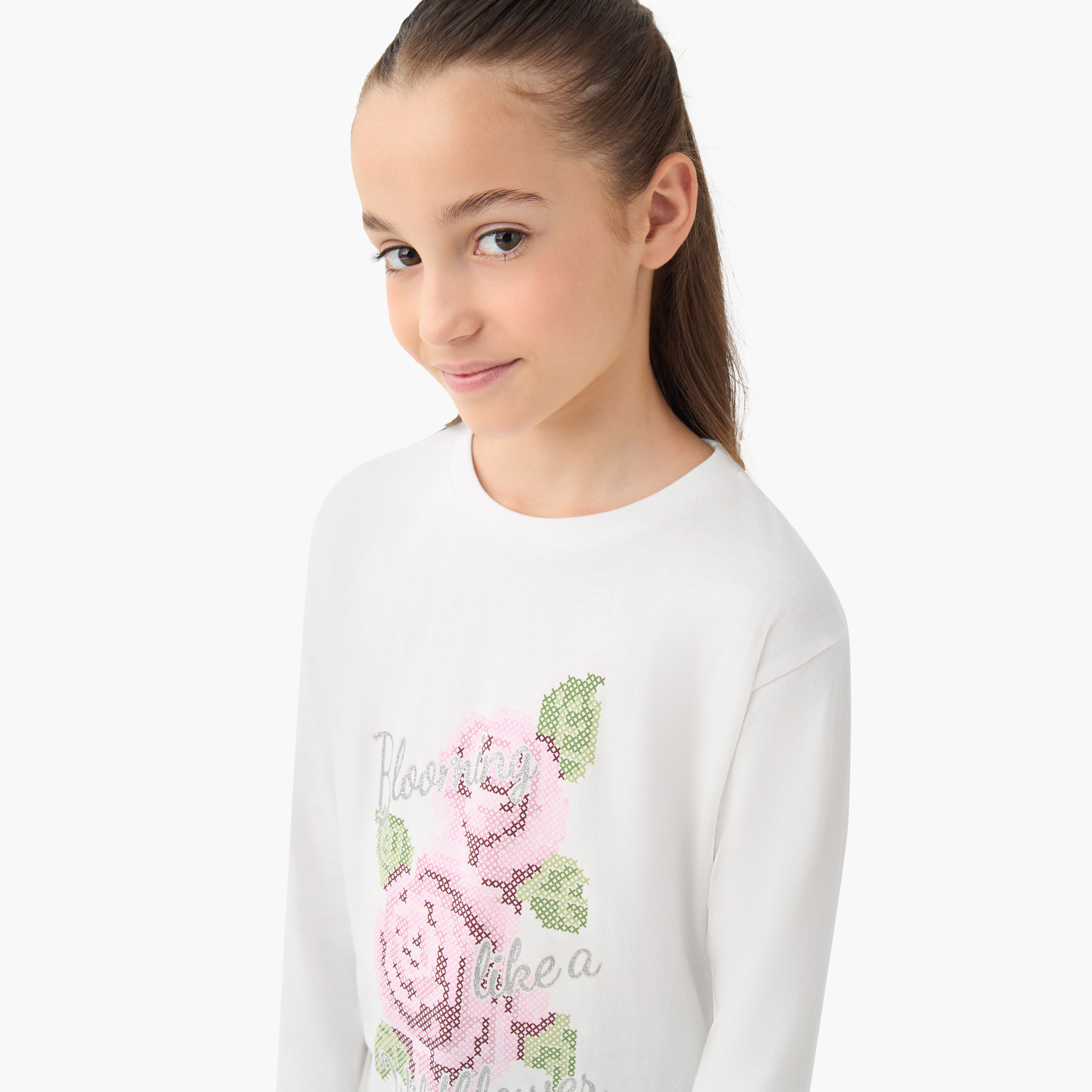 Juniors Crew Neck Long Sleeves T-shirt with Floral Print-girls-clothing-tshirts-image-4
