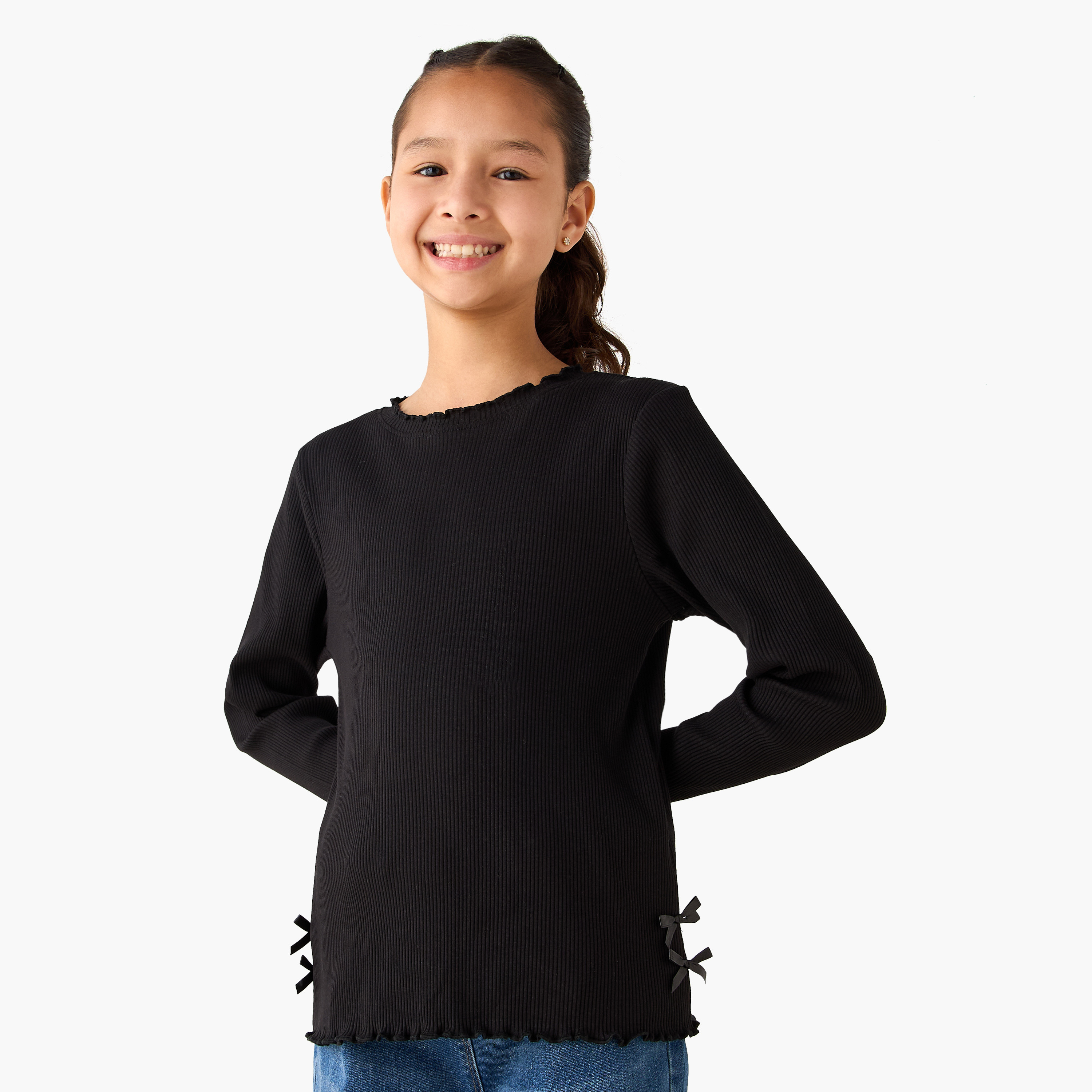 Juniors Crew Neck Long Sleeves T-shirt with Ribbed Design and Bow Accent-girls-clothing-tshirts-image-1
