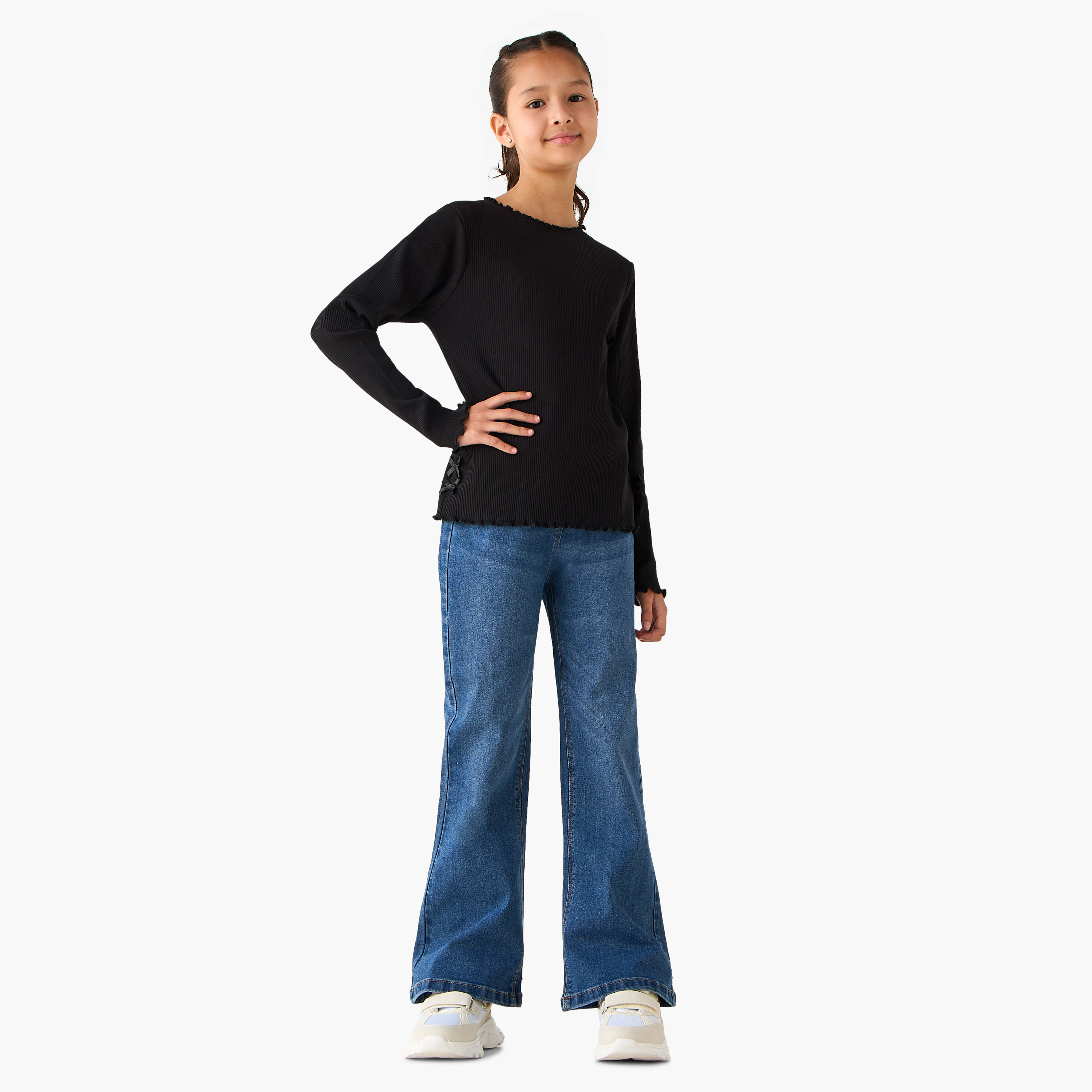 Juniors Crew Neck Long Sleeves T-shirt with Ribbed Design and Bow Accent-girls-clothing-tshirts-image-2