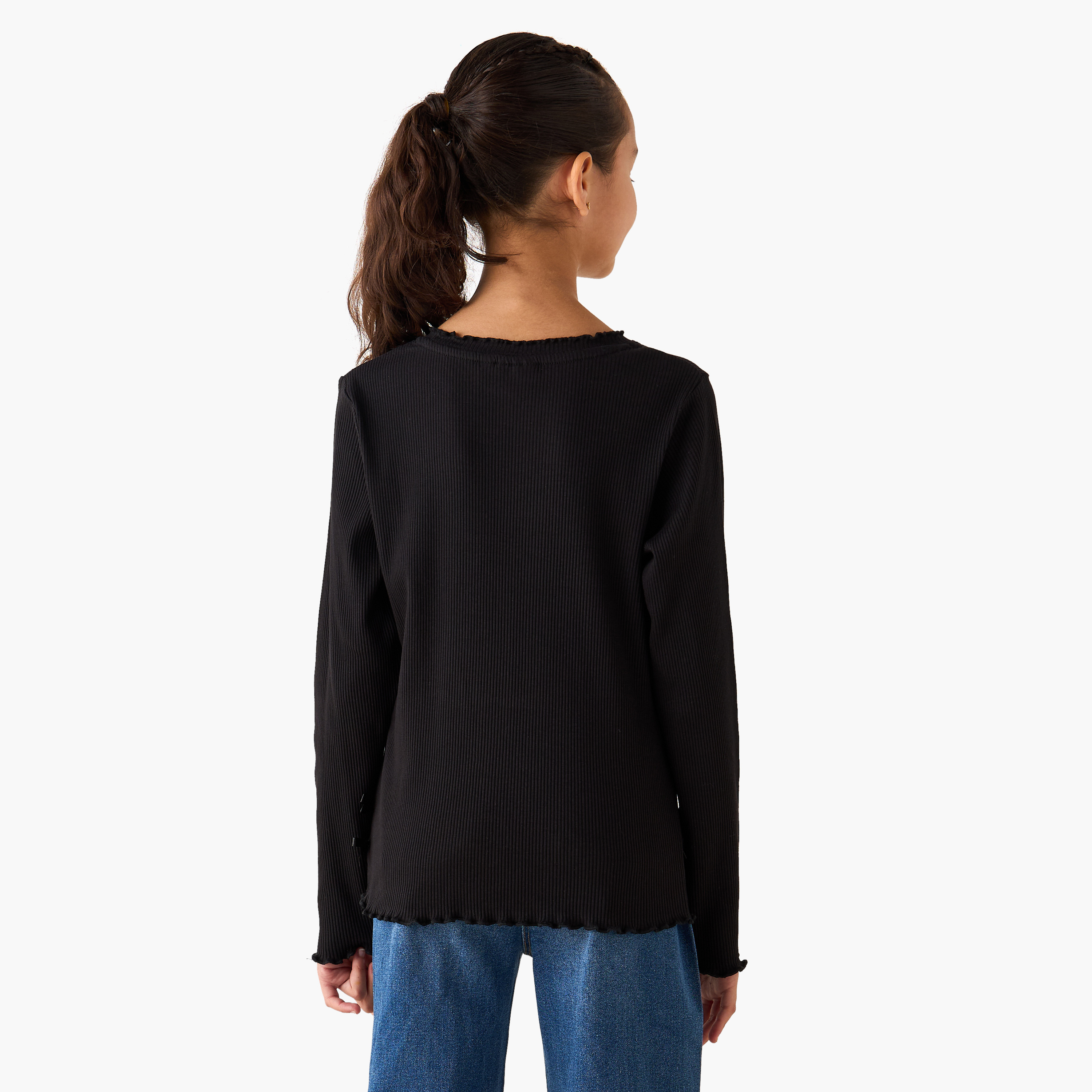 Juniors Crew Neck Long Sleeves T-shirt with Ribbed Design and Bow Accent-girls-clothing-tshirts-image-3