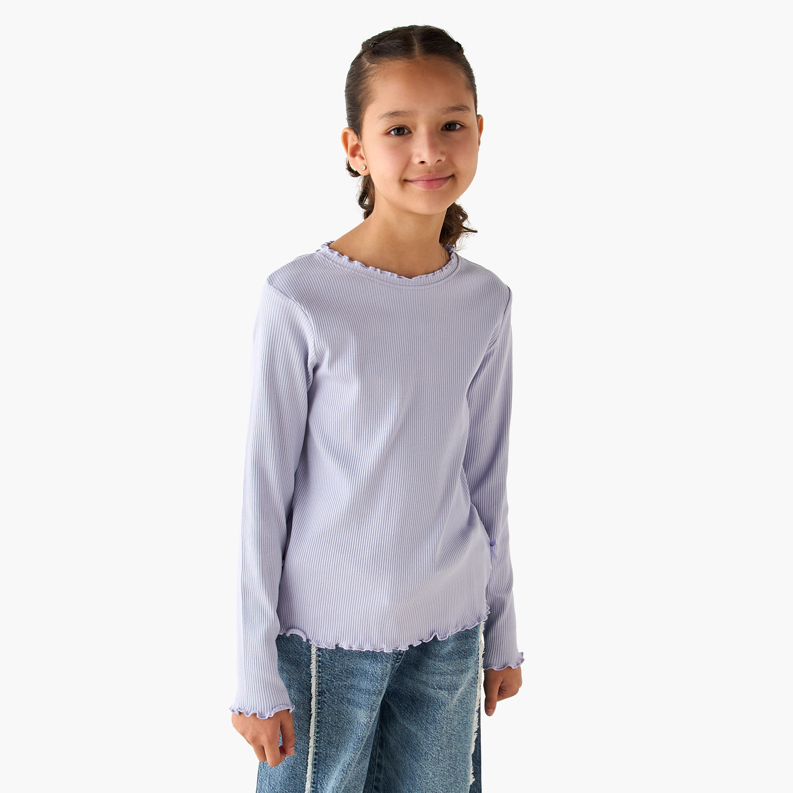 تيشيرت بياقة مستديرة وأكمام طويلة بتصميم مضلع مع فيونكة من جونيورز-girls-clothing-tshirts-image-5