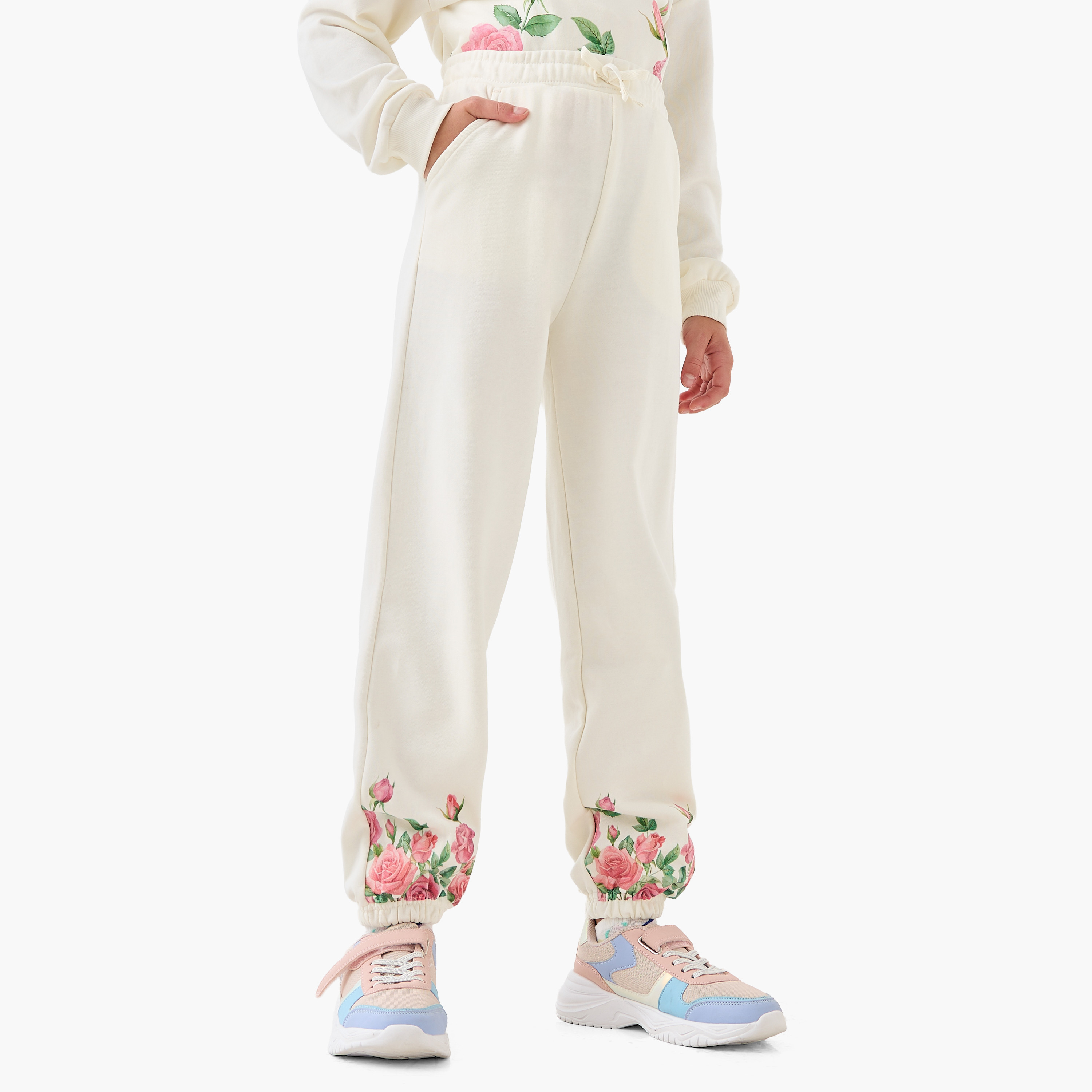 Juniors Girls Joggers with Floral Print - Cotton - Elasticated Drawstring-girls-clothing-bottoms-joggersandtrackpants-image-1