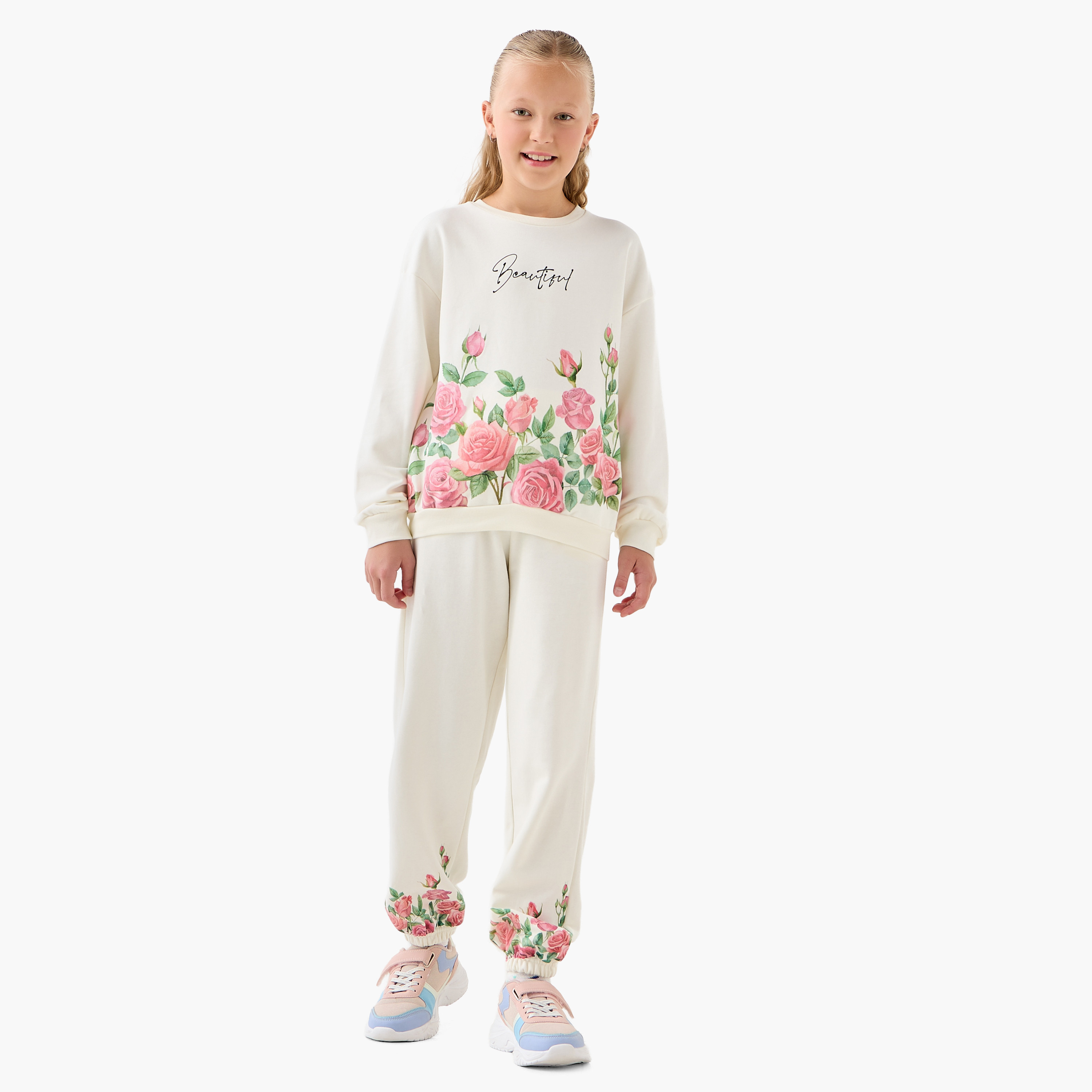 Juniors Girls Joggers with Floral Print - Cotton - Elasticated Drawstring-girls-clothing-bottoms-joggersandtrackpants-image-2