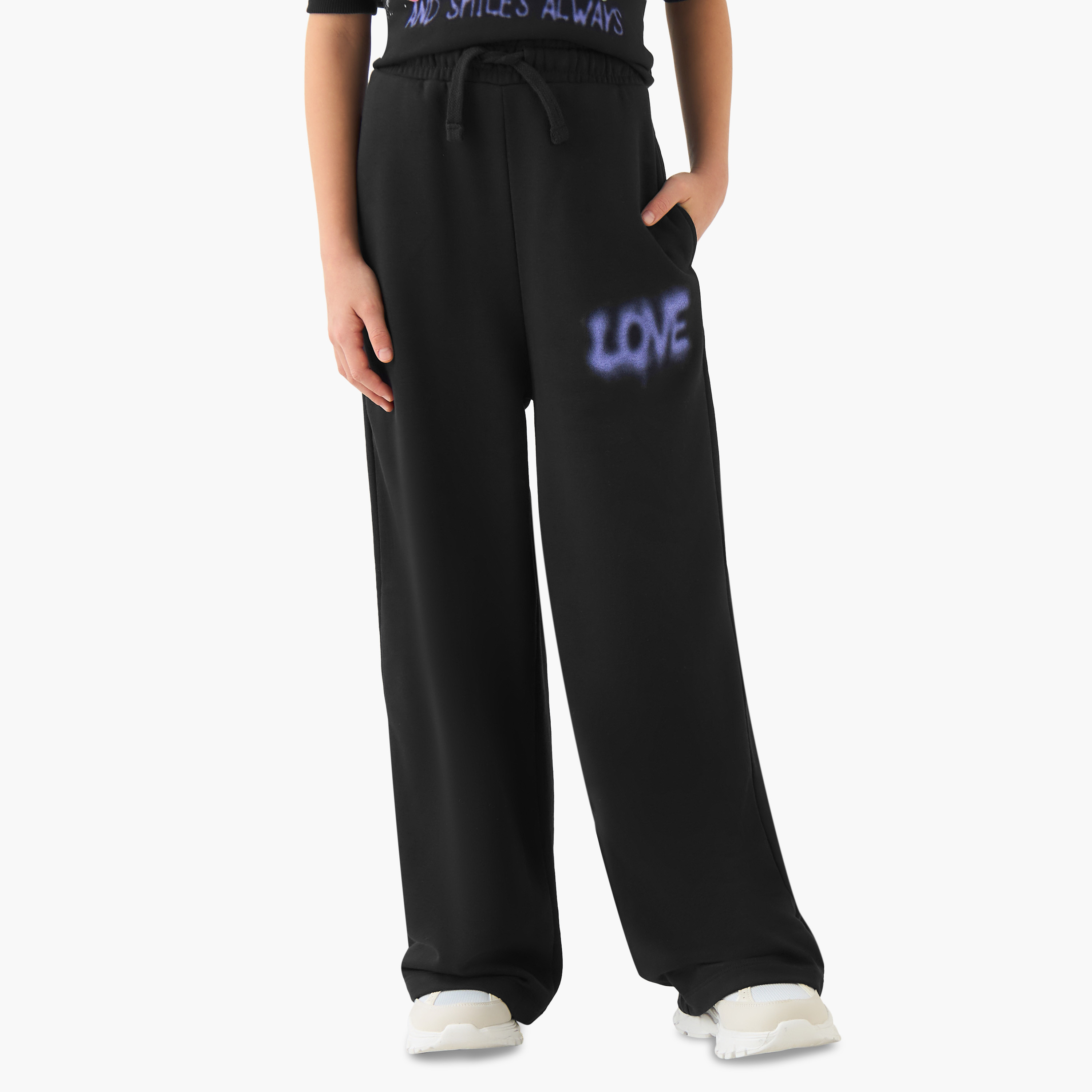 Juniors Girls Track Pants with Slogan Print - Cotton - Drawstring Waist-girls-clothing-bottoms-joggersandtrackpants-image-1