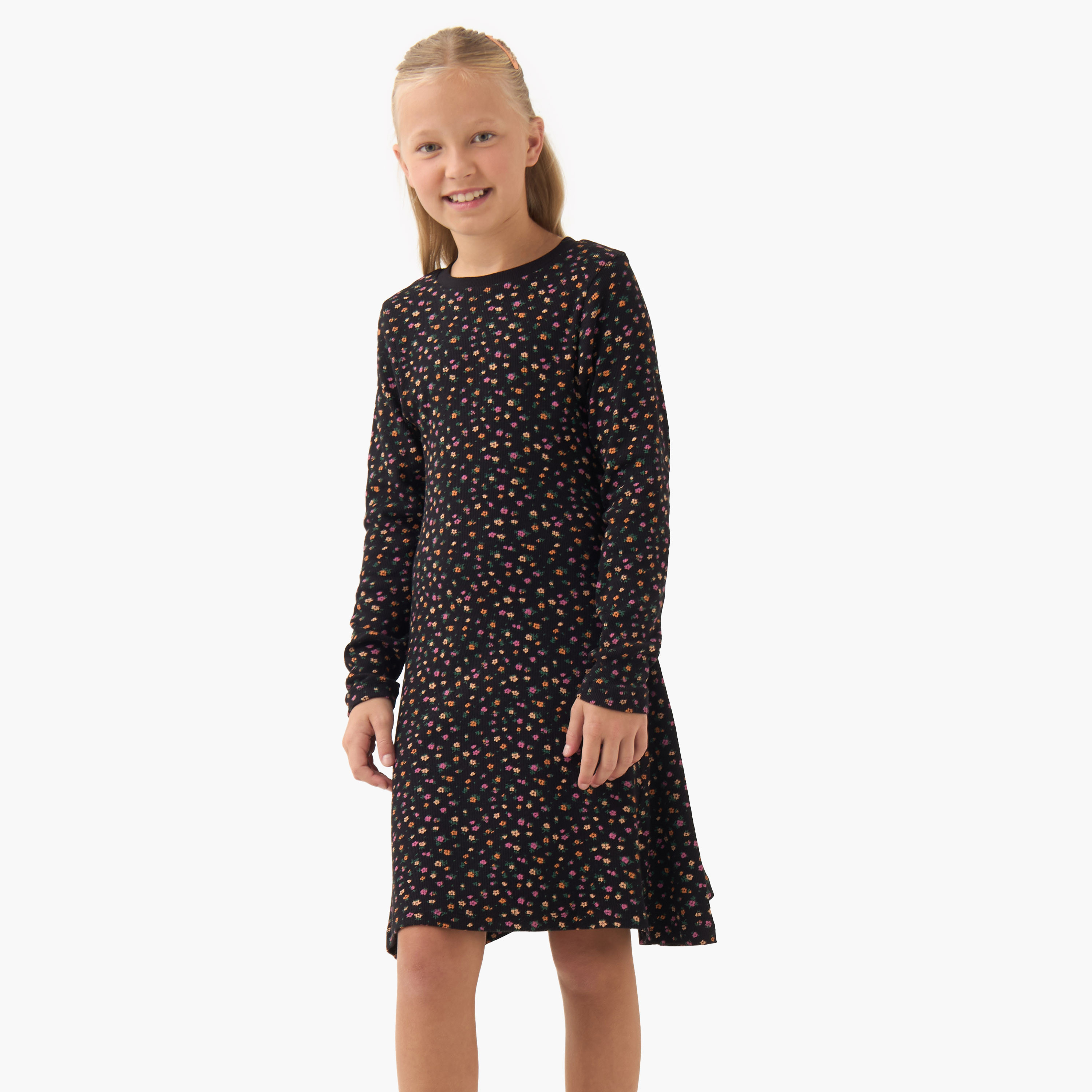 Juniors Round Neck Long Sleeves Knee Length Dress with Print-girls-clothing-dressesandjumpsuits-image-1