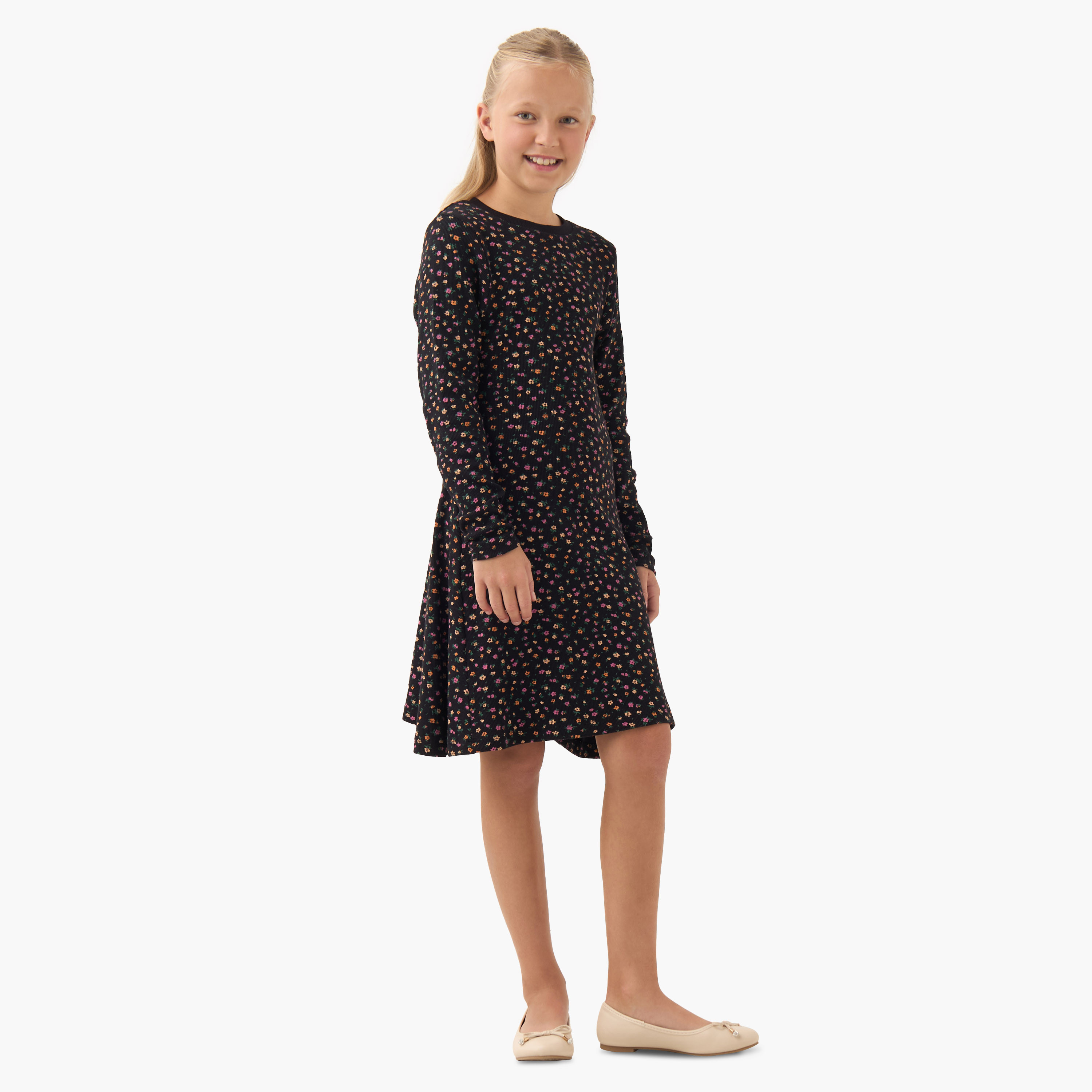 Juniors Round Neck Long Sleeves Knee Length Dress with Print-girls-clothing-dressesandjumpsuits-image-2