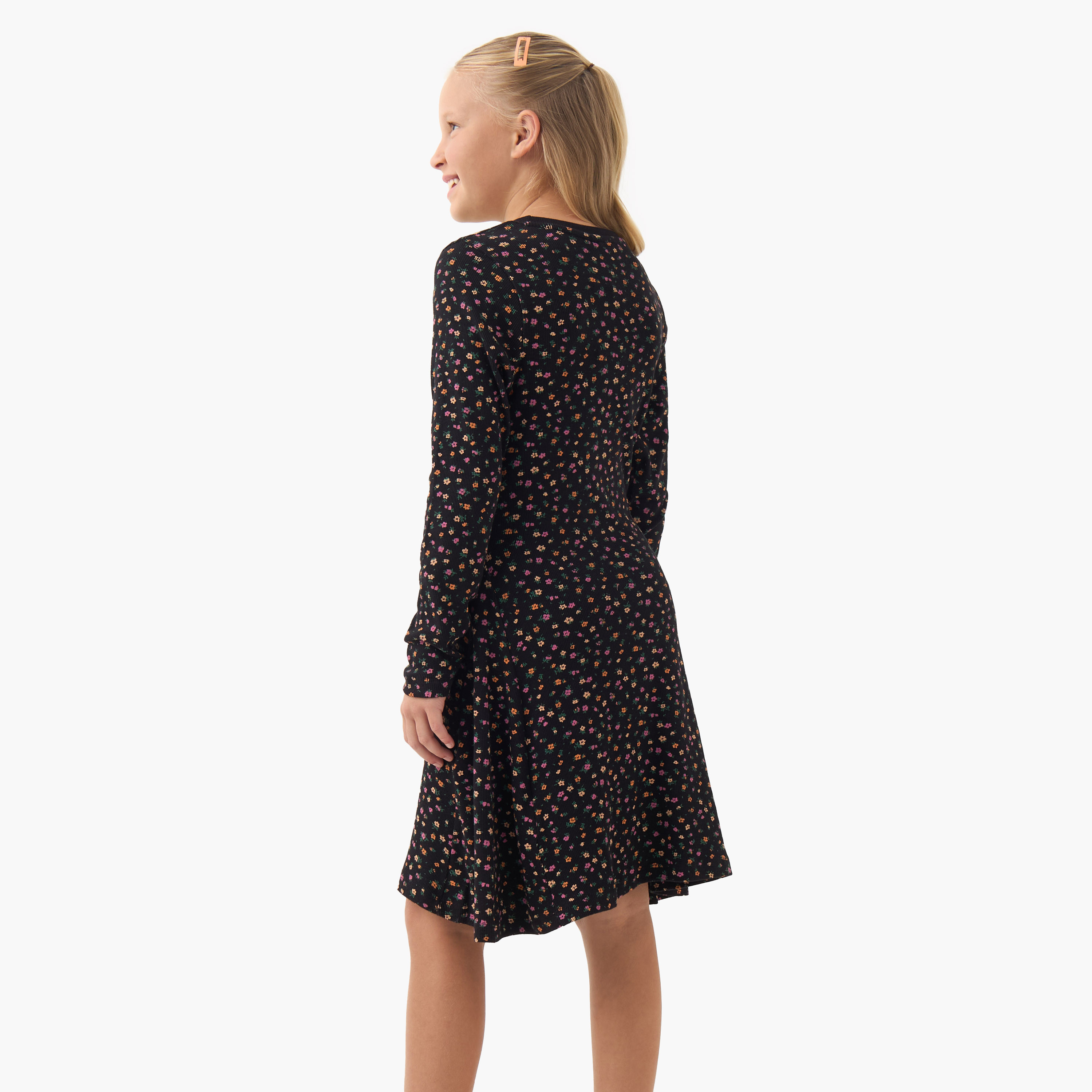Juniors Round Neck Long Sleeves Knee Length Dress with Print-girls-clothing-dressesandjumpsuits-image-3