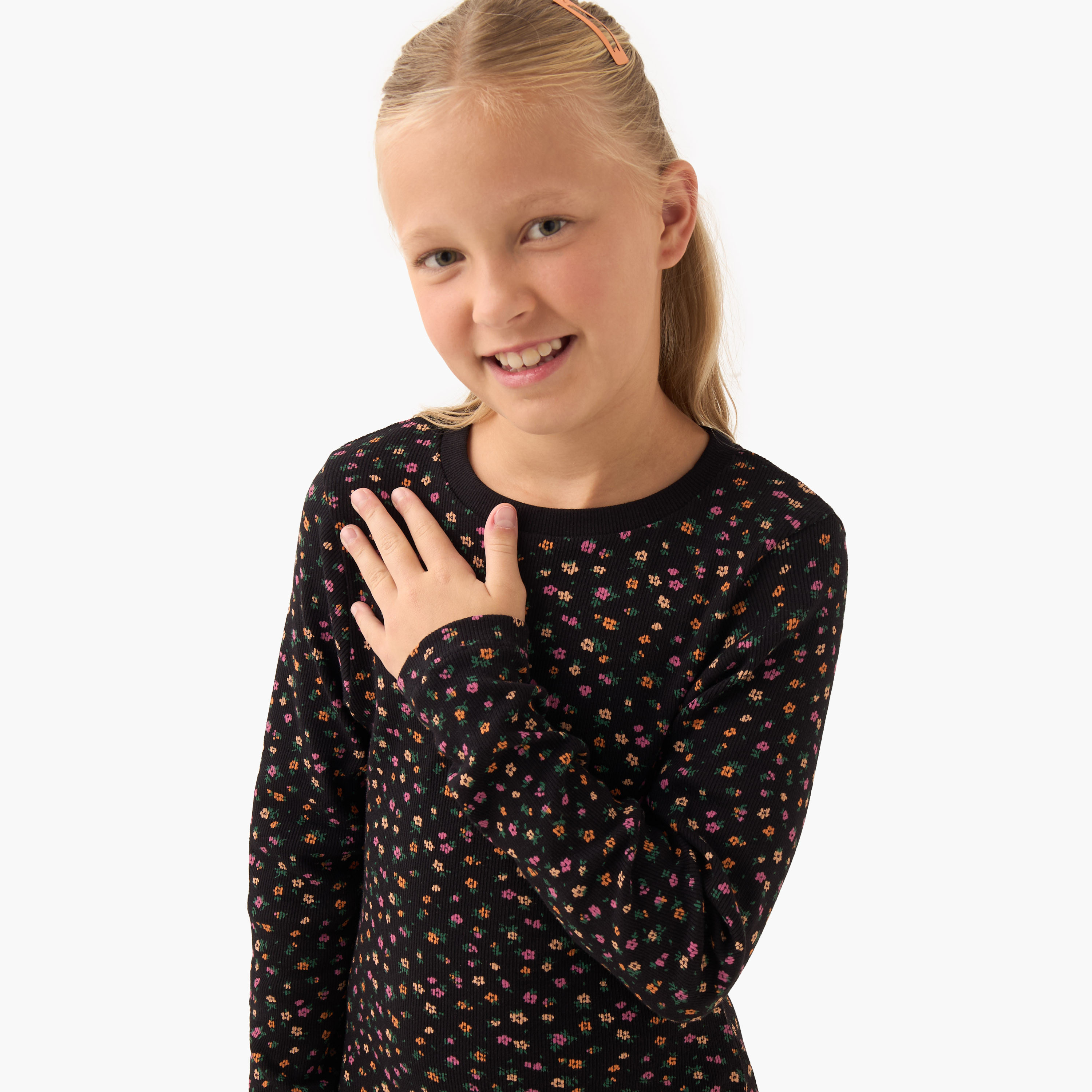 Juniors Round Neck Long Sleeves Knee Length Dress with Print-girls-clothing-dressesandjumpsuits-image-4