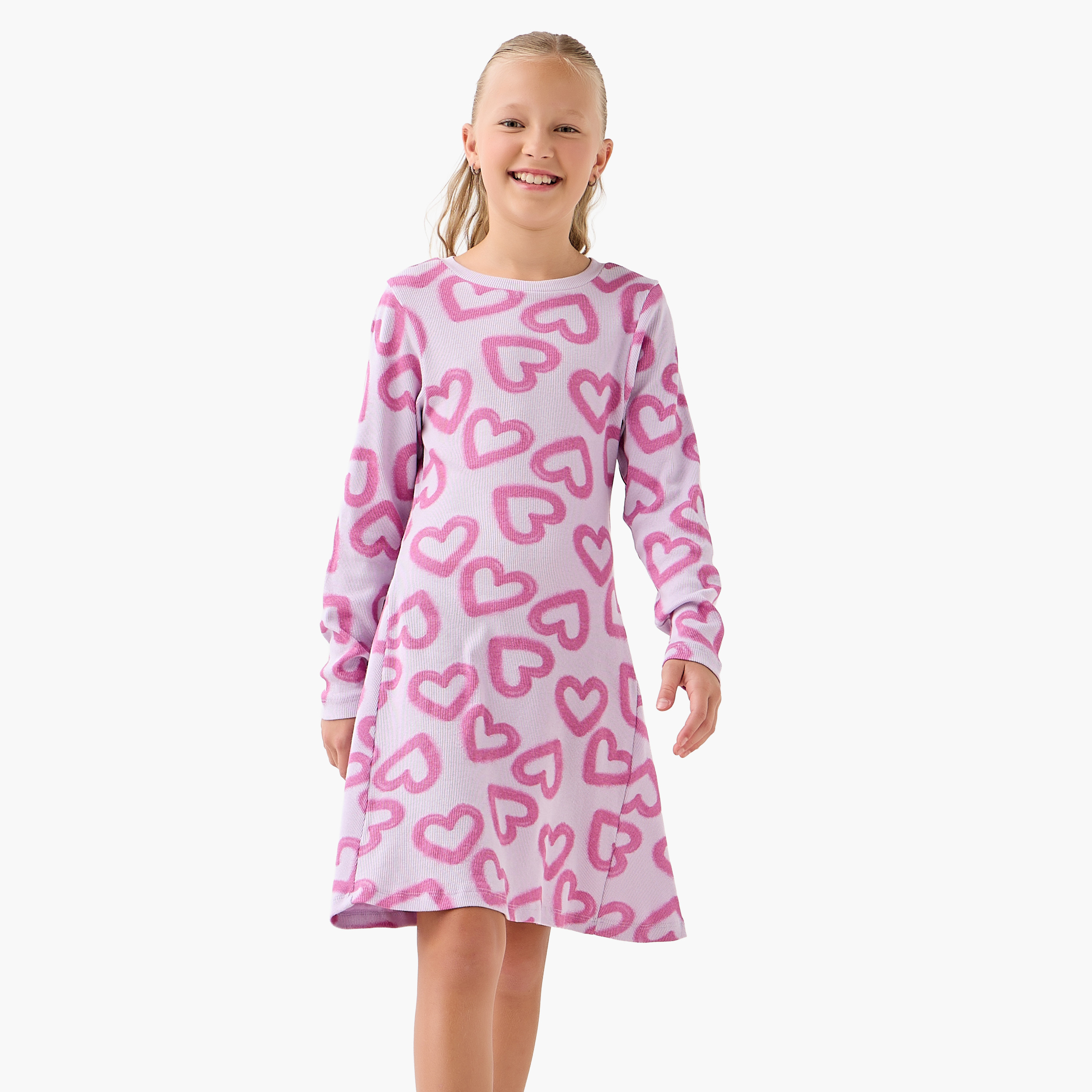 Juniors Round Neck Long Sleeves Knee Length Dress with Heart Print-girls-clothing-dressesandjumpsuits-image-1