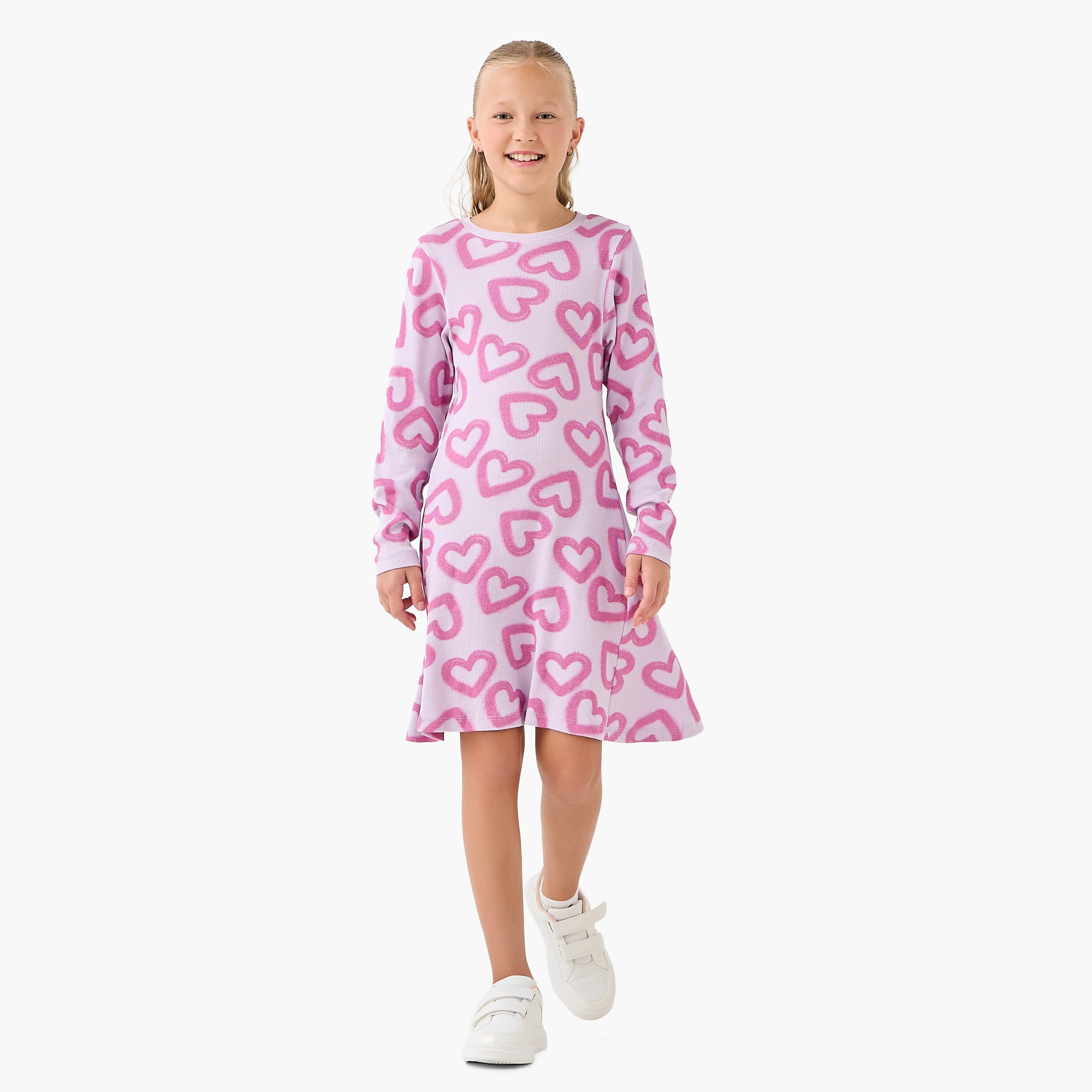 Juniors Round Neck Long Sleeves Knee Length Dress with Heart Print-girls-clothing-dressesandjumpsuits-image-2