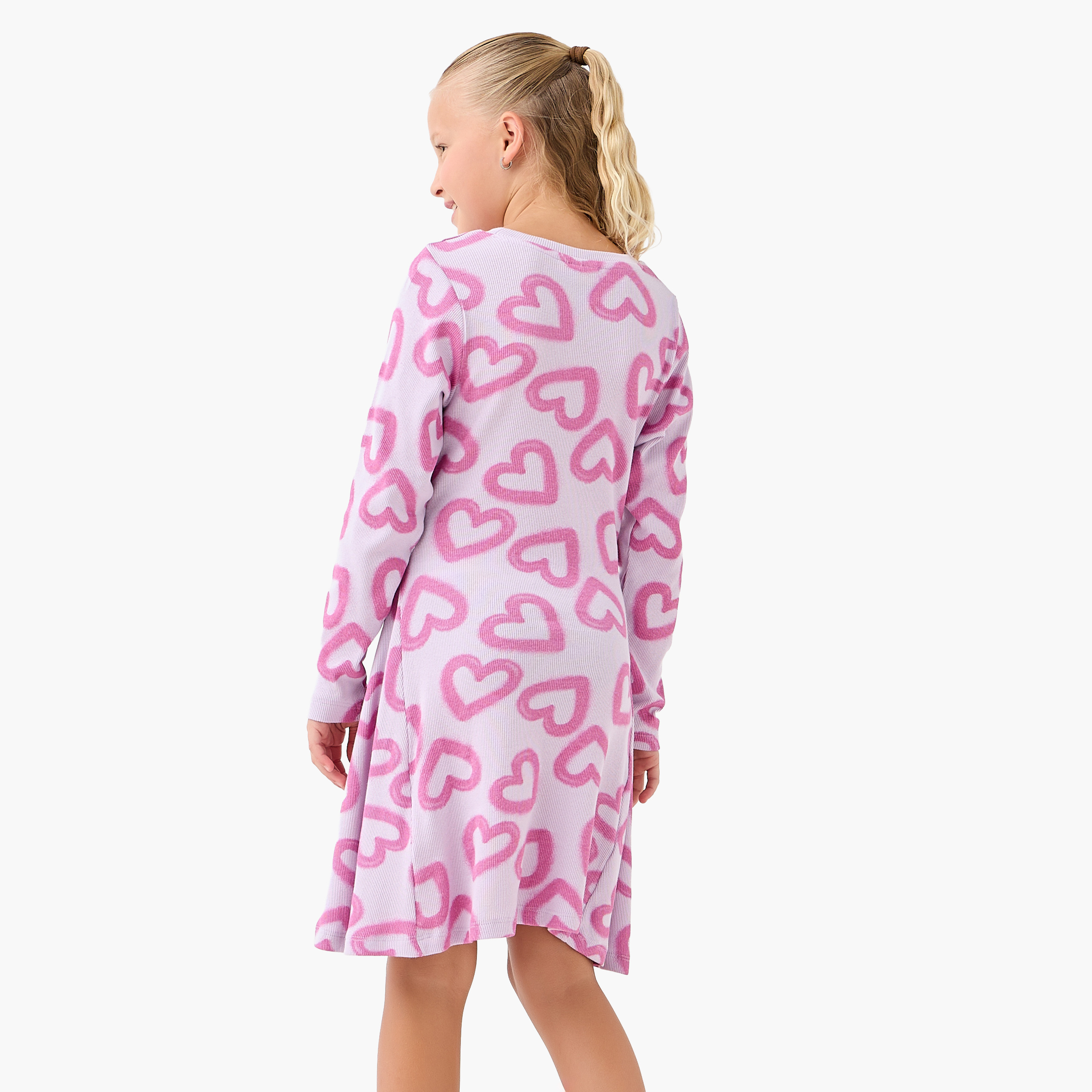 Juniors Round Neck Long Sleeves Knee Length Dress with Heart Print-girls-clothing-dressesandjumpsuits-image-3