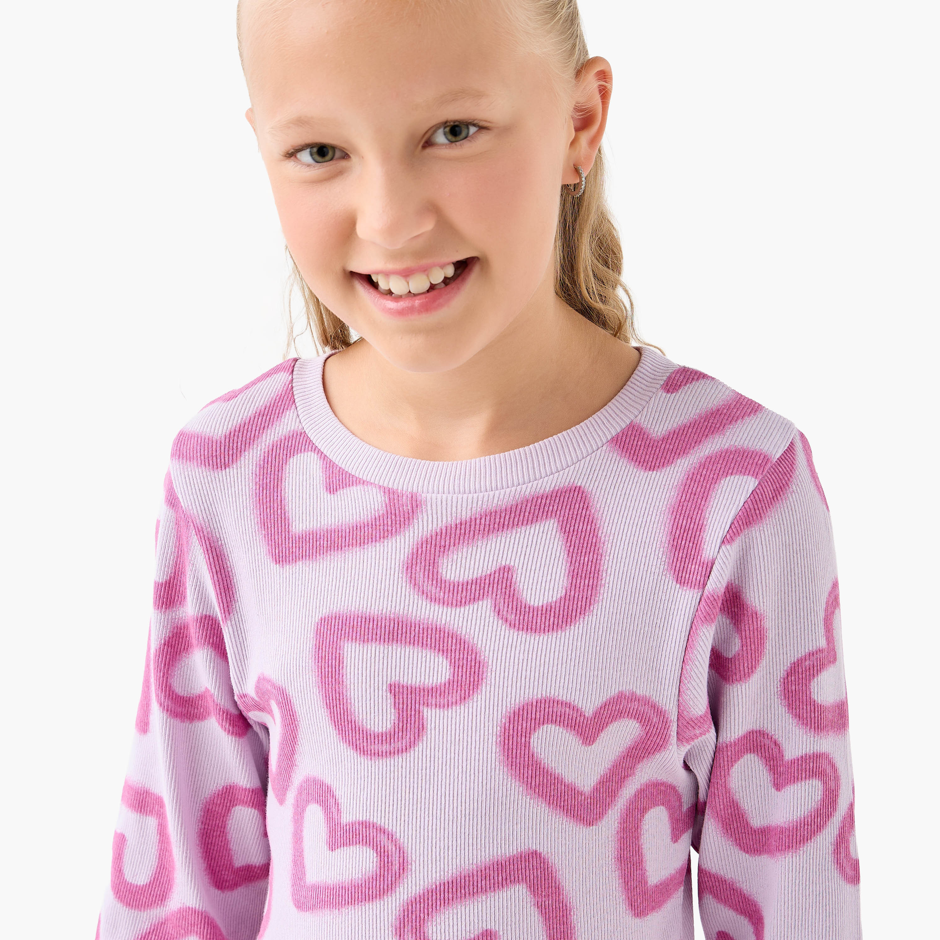 Juniors Round Neck Long Sleeves Knee Length Dress with Heart Print-girls-clothing-dressesandjumpsuits-image-4