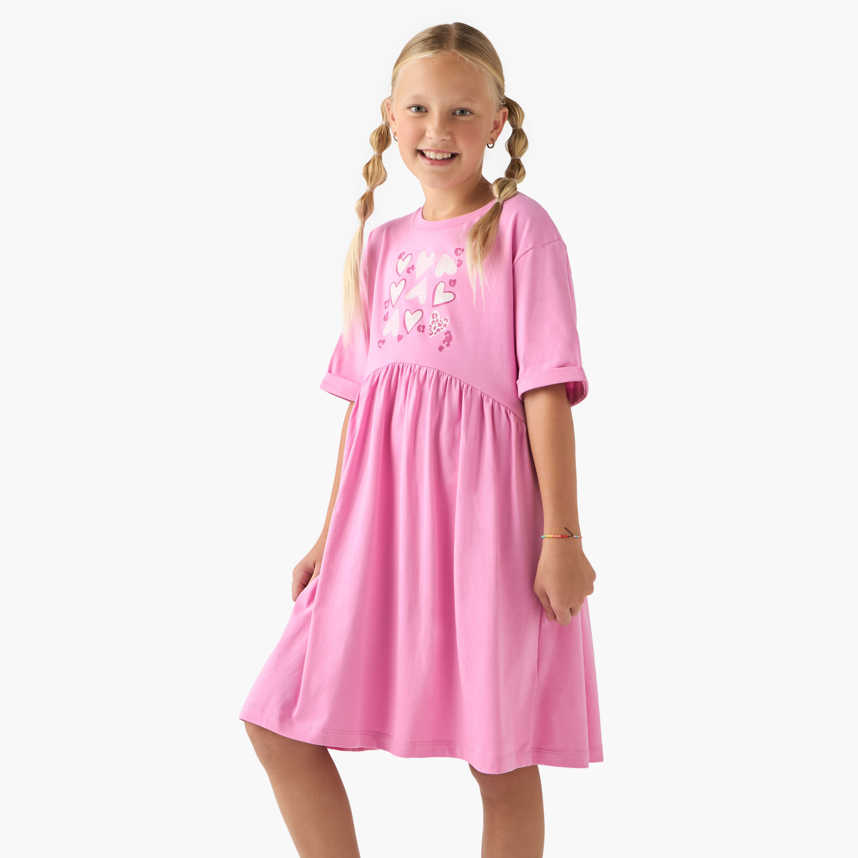 Juniors Round Neck Short Sleeves Midi Dress with Heart Print-girls-clothing-dressesandjumpsuits-image-1