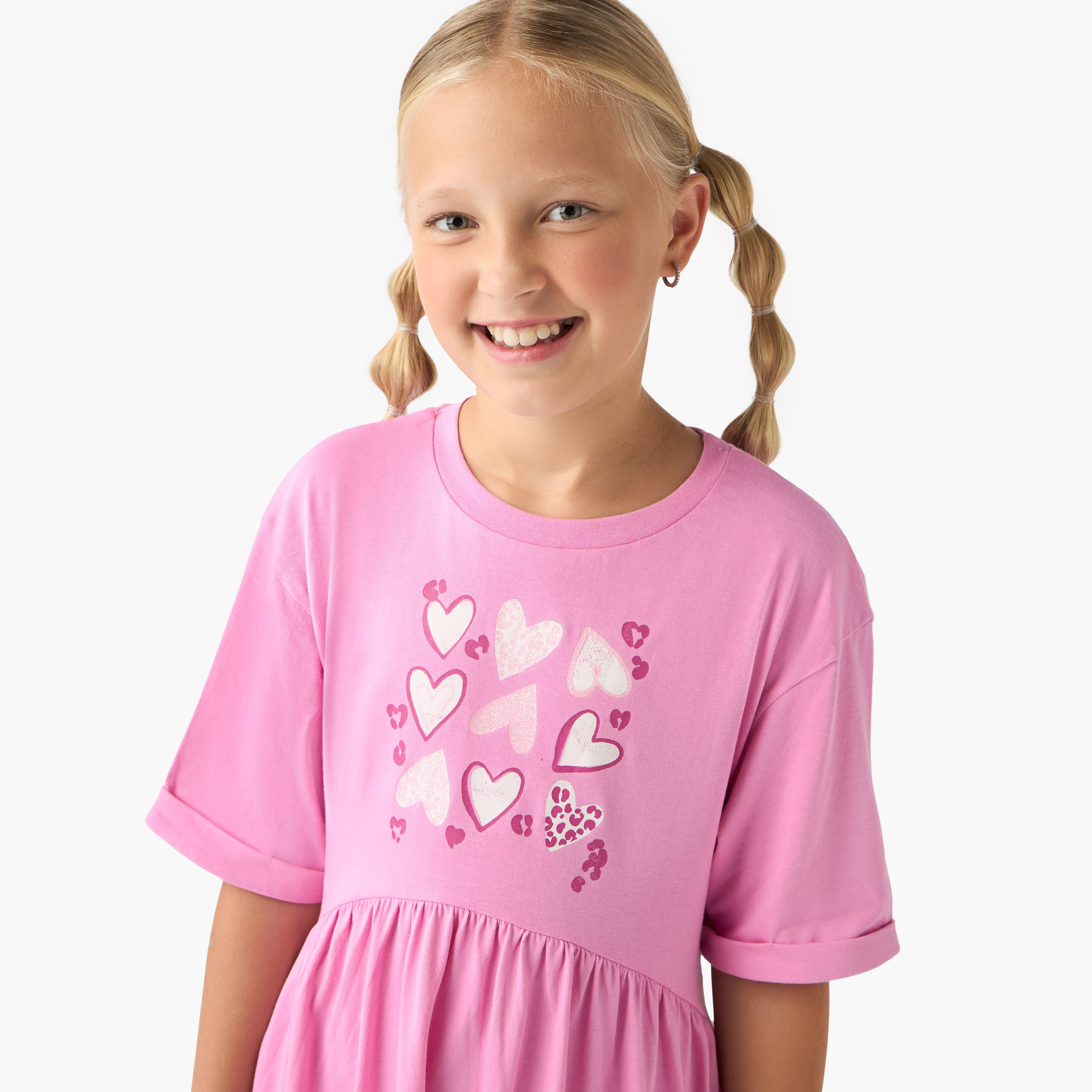 Juniors Round Neck Short Sleeves Midi Dress with Heart Print-girls-clothing-dressesandjumpsuits-image-4