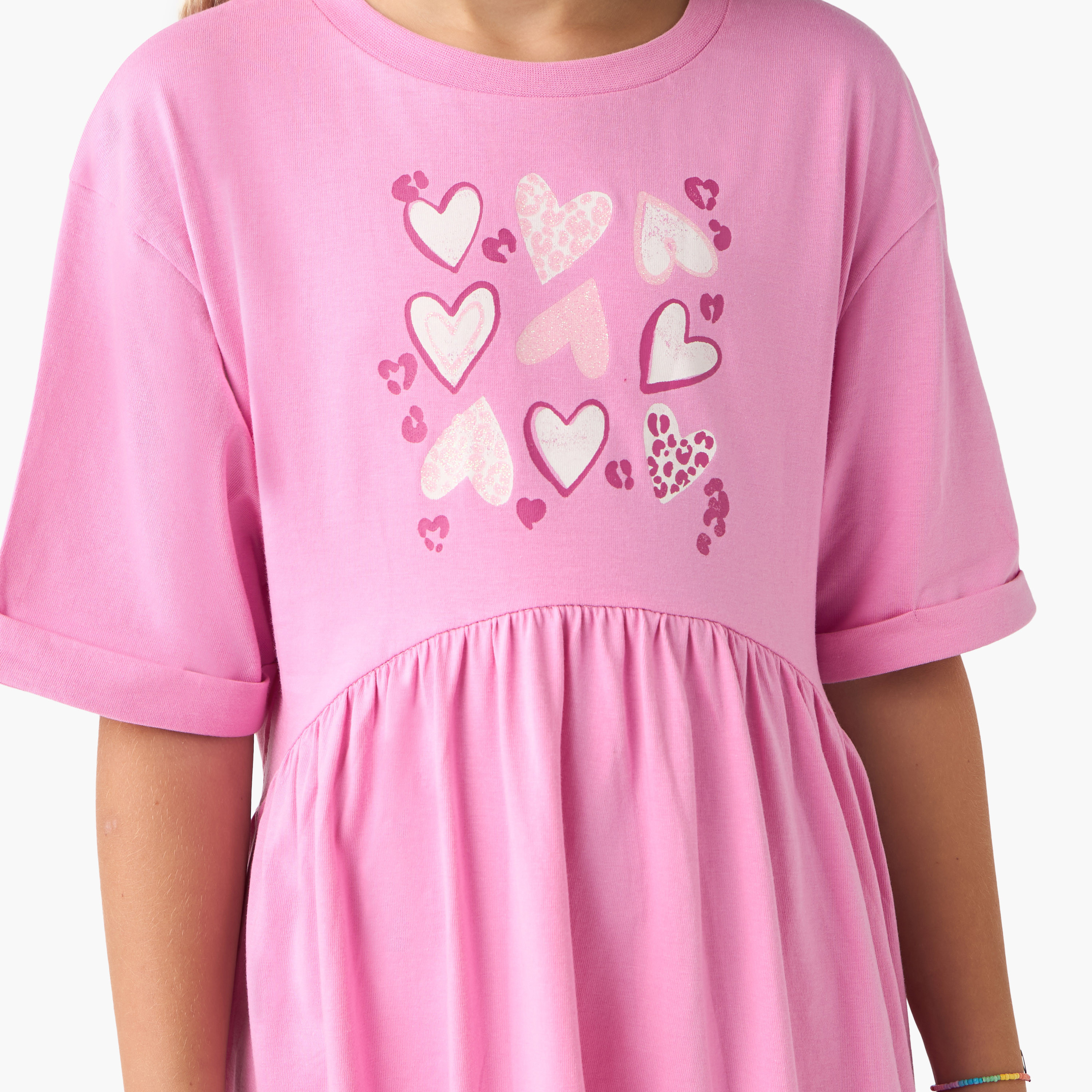 Juniors Round Neck Short Sleeves Midi Dress with Heart Print-girls-clothing-dressesandjumpsuits-image-5