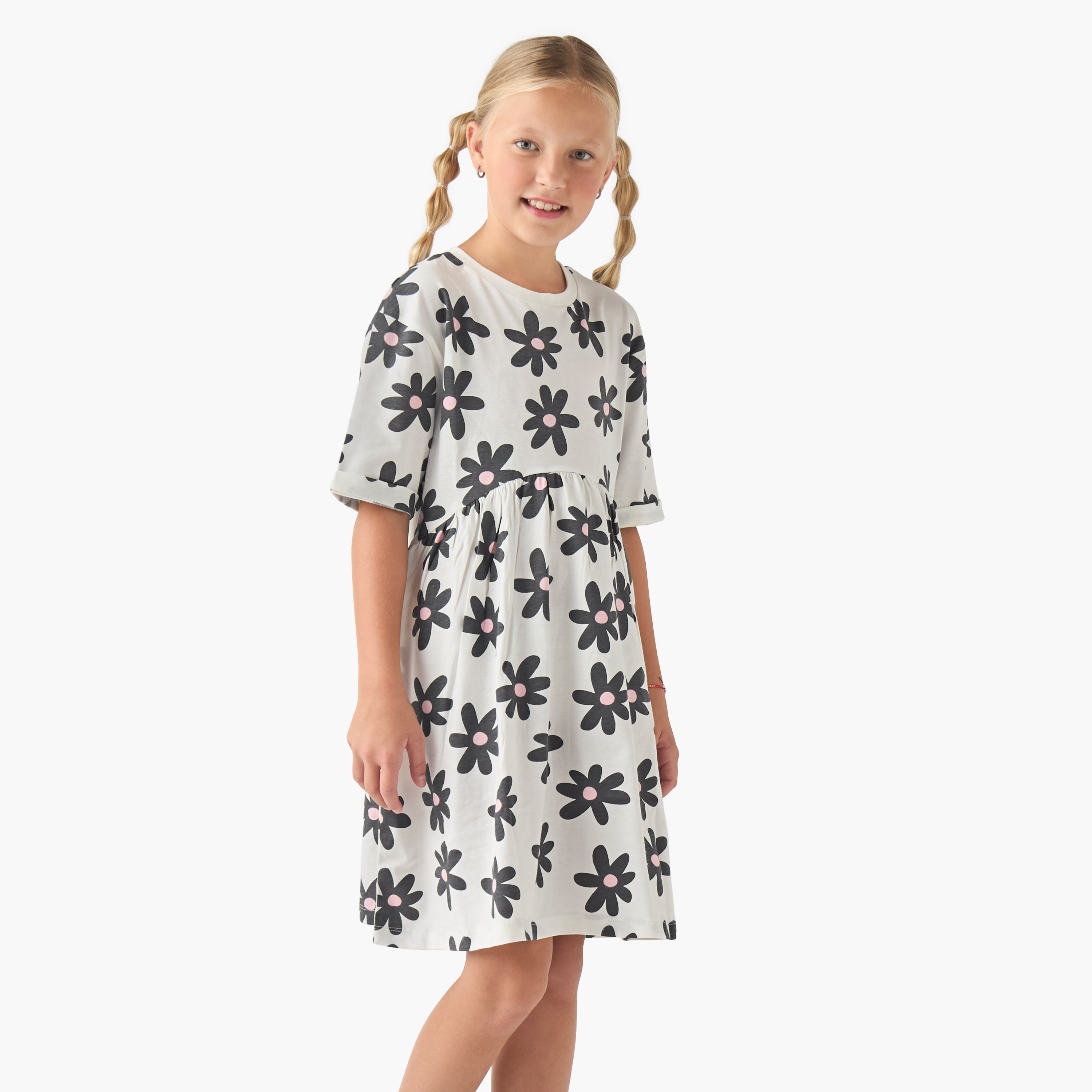 Juniors Round Neck Short Sleeves Dress with Floral Print-girls-clothing-dressesandjumpsuits-image-1