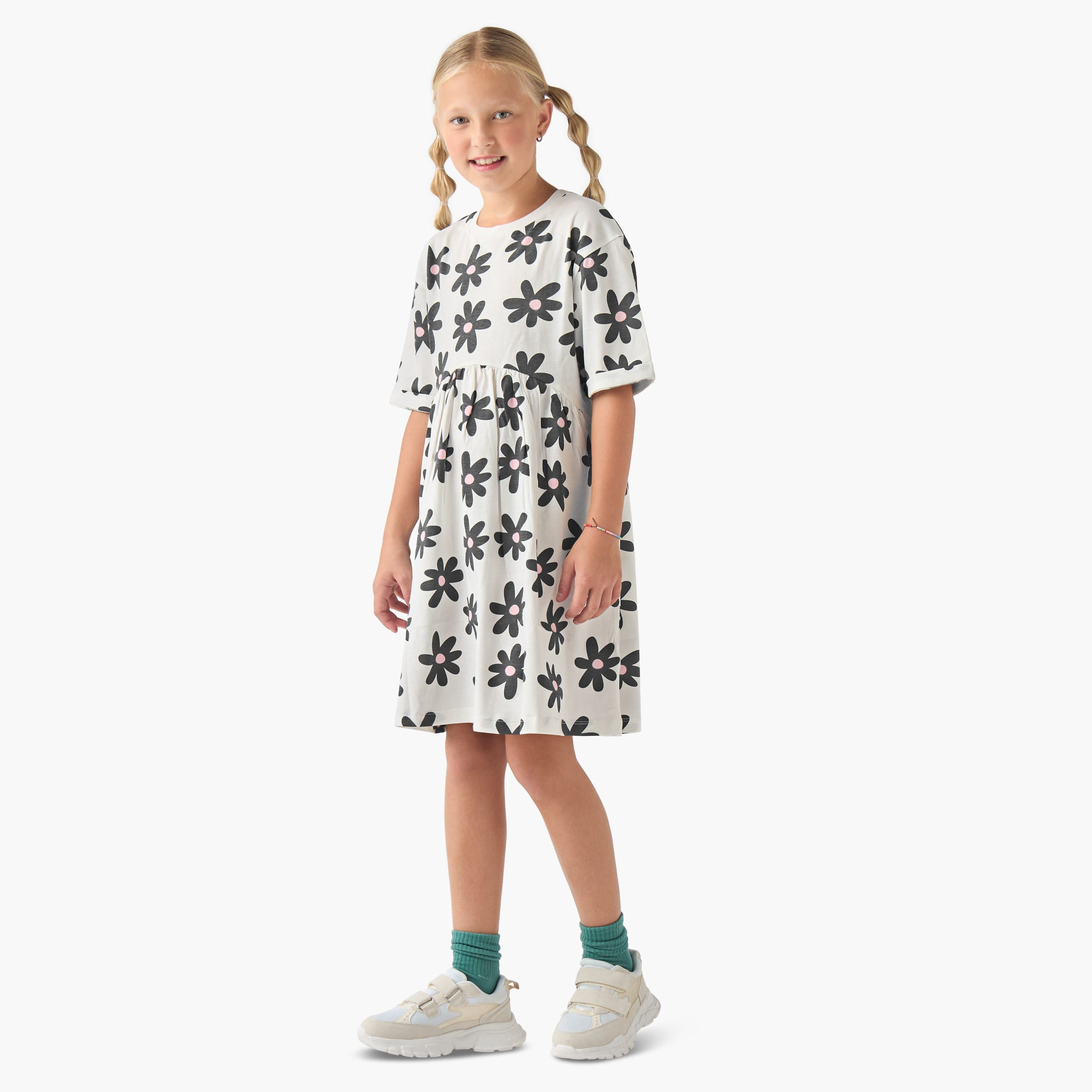 Juniors Round Neck Short Sleeves Dress with Floral Print-girls-clothing-dressesandjumpsuits-image-2