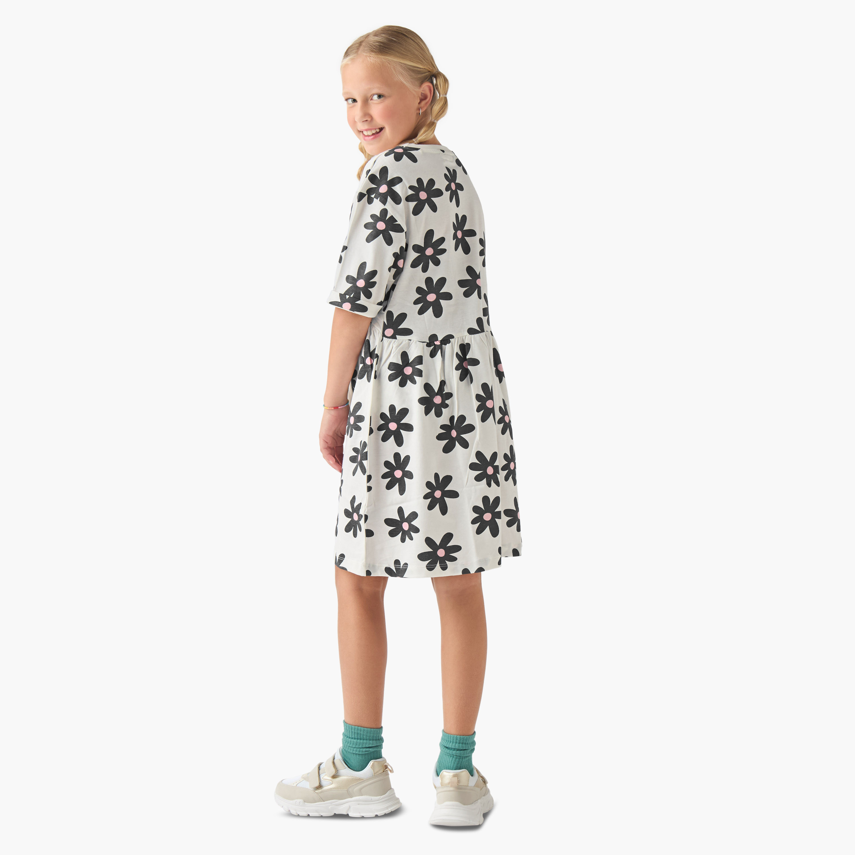 Juniors Round Neck Short Sleeves Dress with Floral Print-girls-clothing-dressesandjumpsuits-image-3