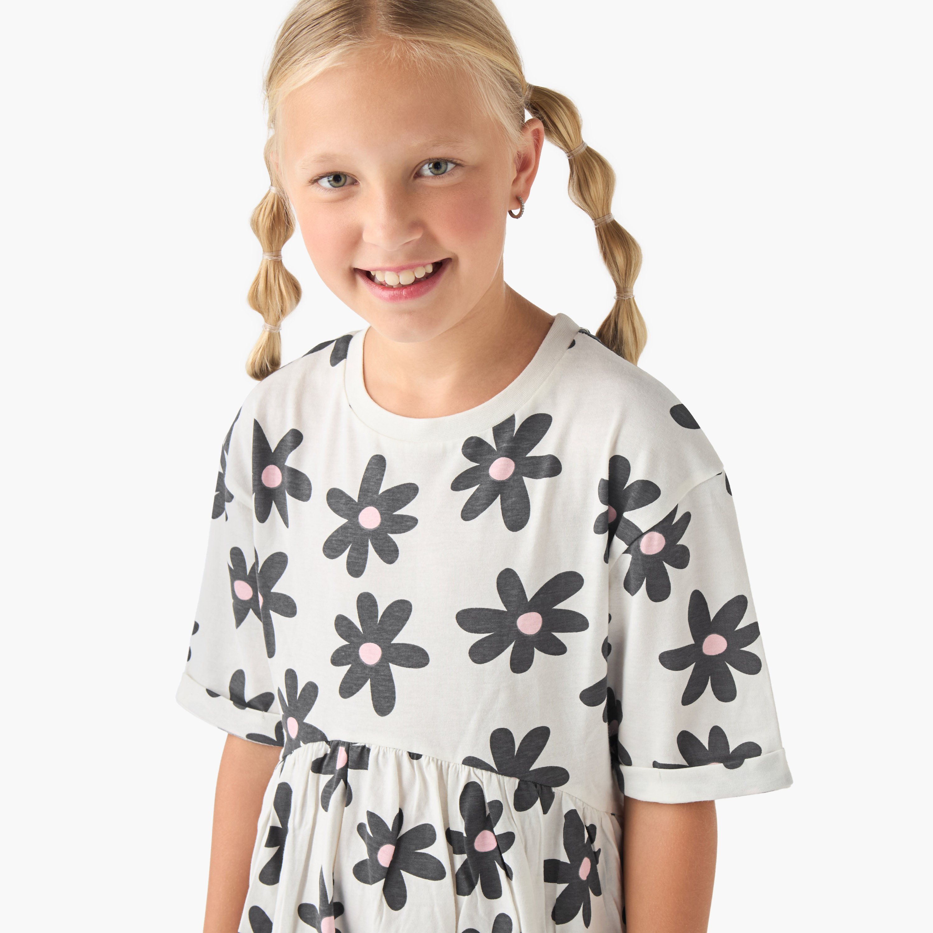 Juniors Round Neck Short Sleeves Dress with Floral Print-girls-clothing-dressesandjumpsuits-image-4