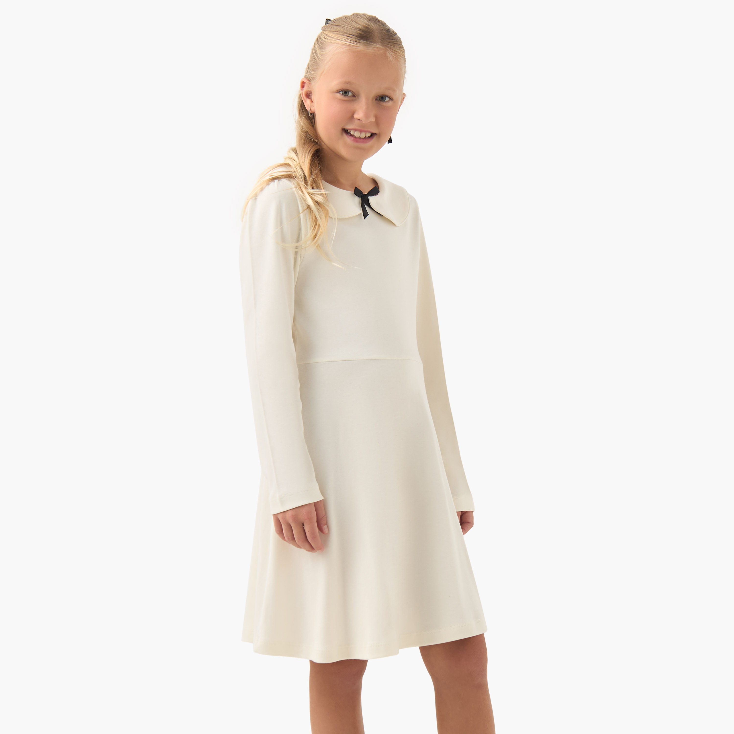 Juniors Peter Pan Collar Long Sleeves Knee Length Dress with Bow Detail-girls-clothing-dressesandjumpsuits-image-1