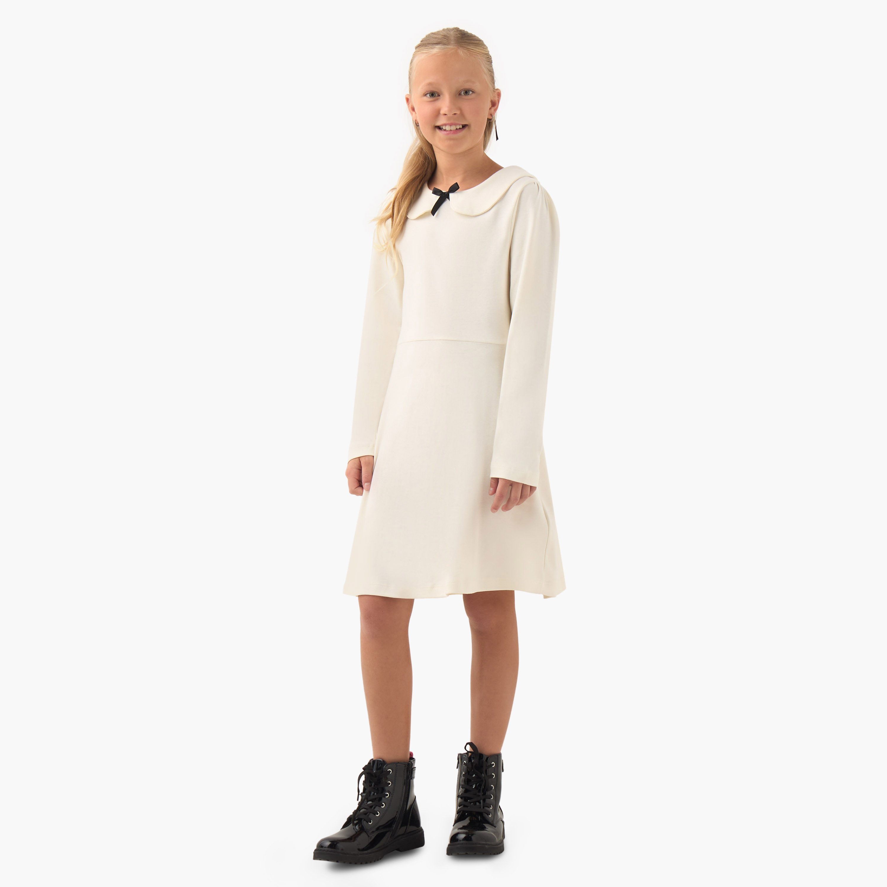 Juniors Peter Pan Collar Long Sleeves Knee Length Dress with Bow Detail-girls-clothing-dressesandjumpsuits-image-2