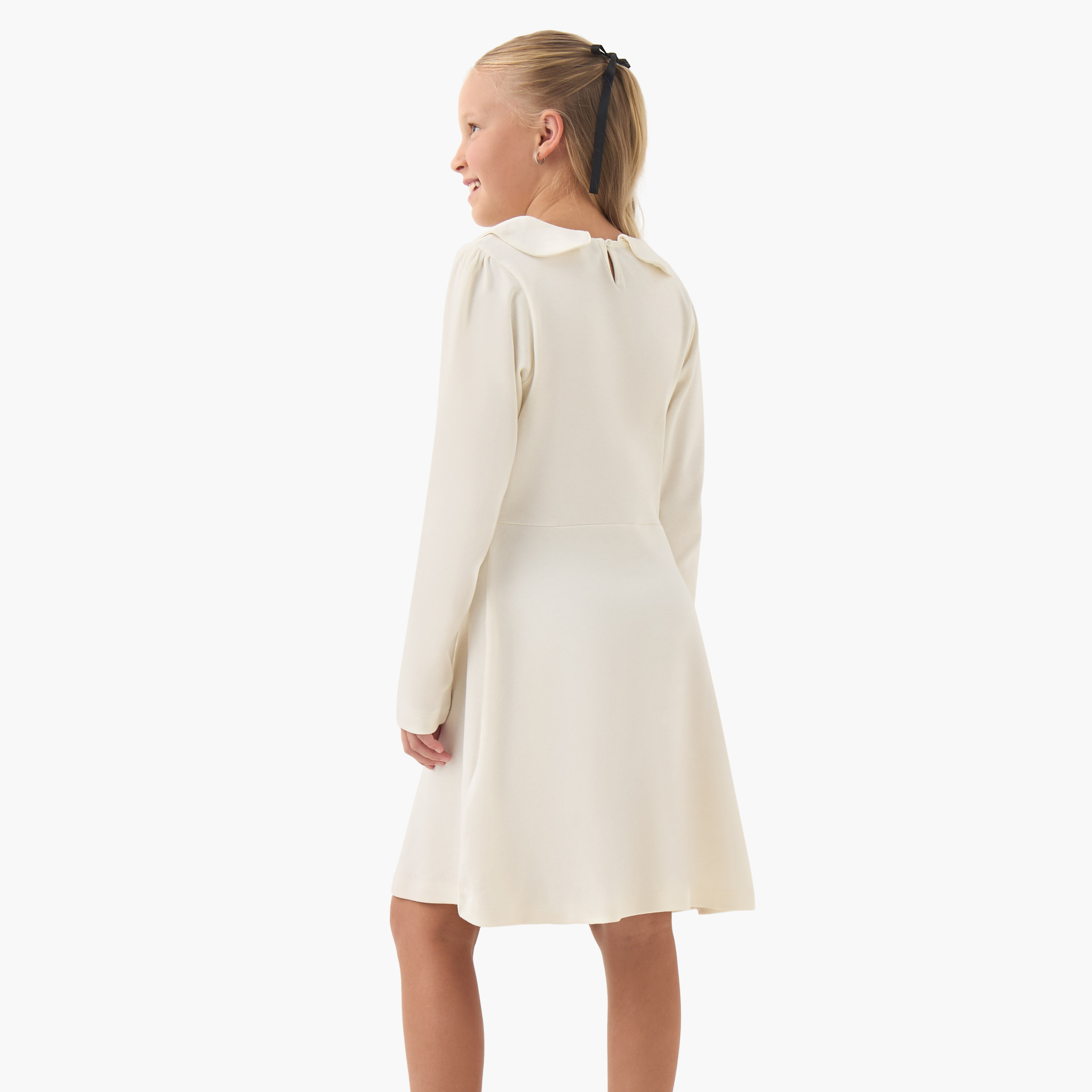 Juniors Peter Pan Collar Long Sleeves Knee Length Dress with Bow Detail-girls-clothing-dressesandjumpsuits-image-3