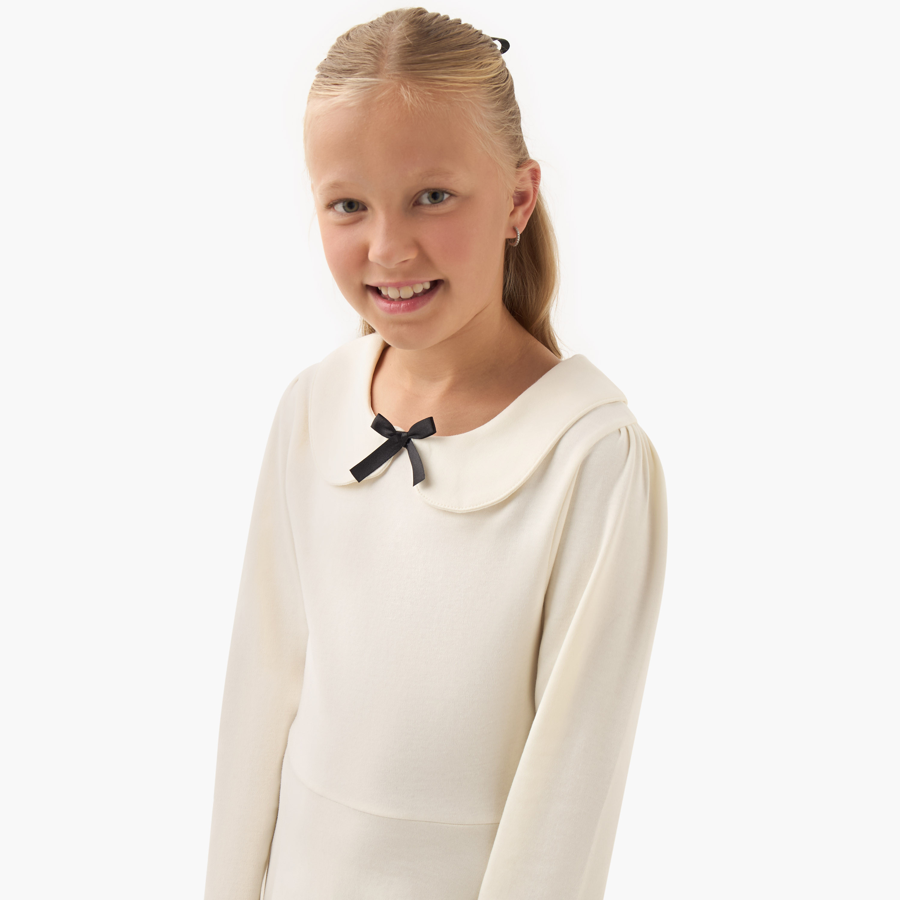 Juniors Peter Pan Collar Long Sleeves Knee Length Dress with Bow Detail-girls-clothing-dressesandjumpsuits-image-4