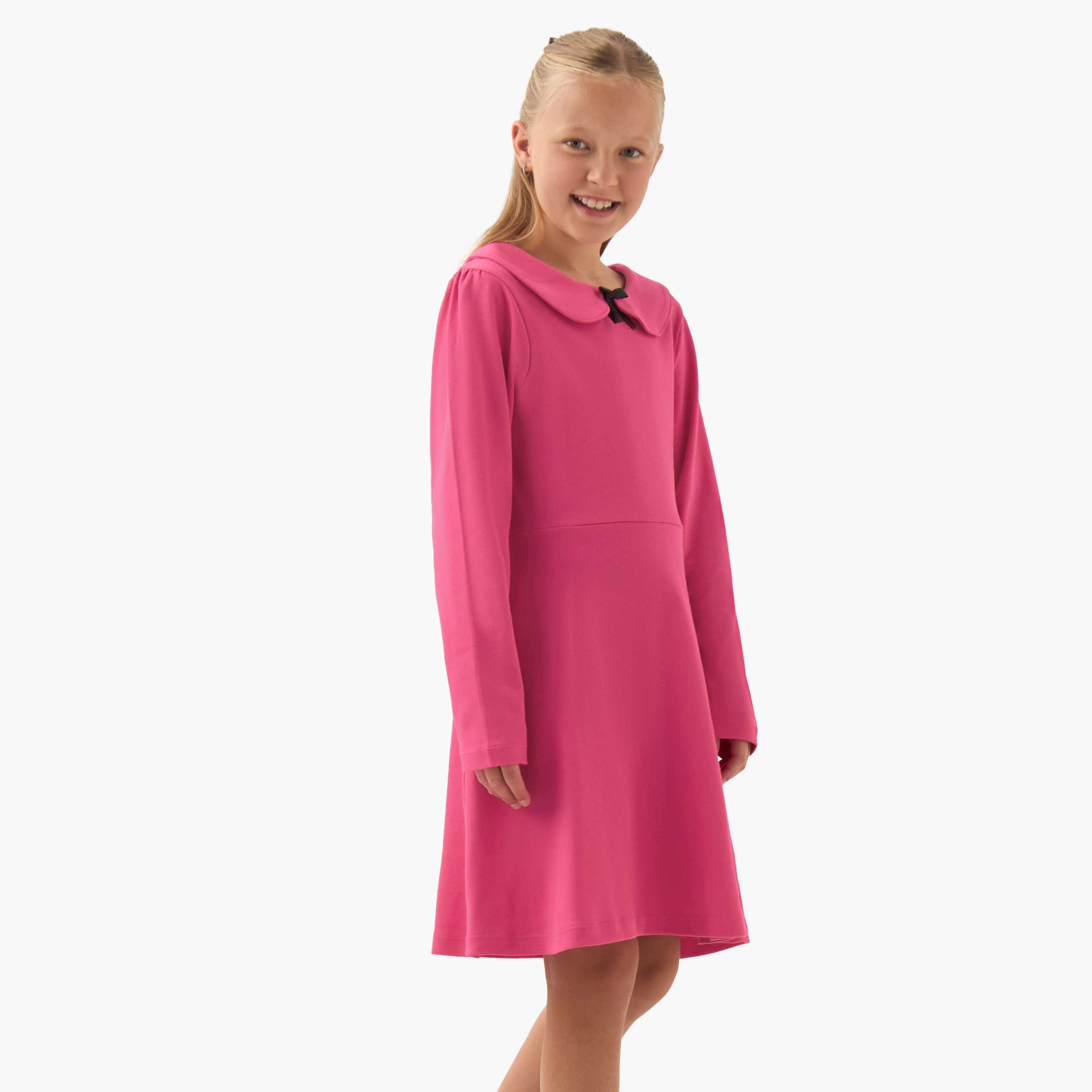 Juniors Peter Pan Collar Long Sleeves Knee Length Dress with Bow Detail-girls-clothing-dressesandjumpsuits-image-1