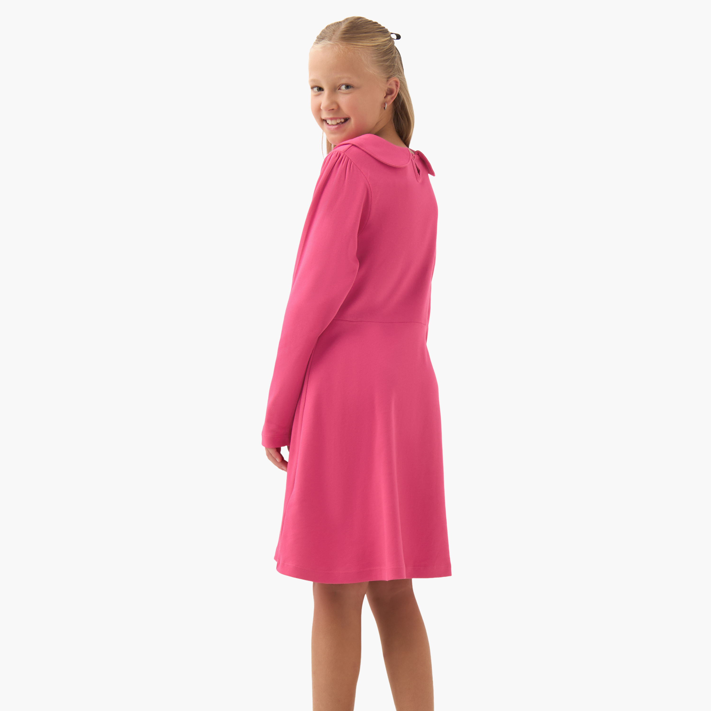 Juniors Peter Pan Collar Long Sleeves Knee Length Dress with Bow Detail-girls-clothing-dressesandjumpsuits-image-2