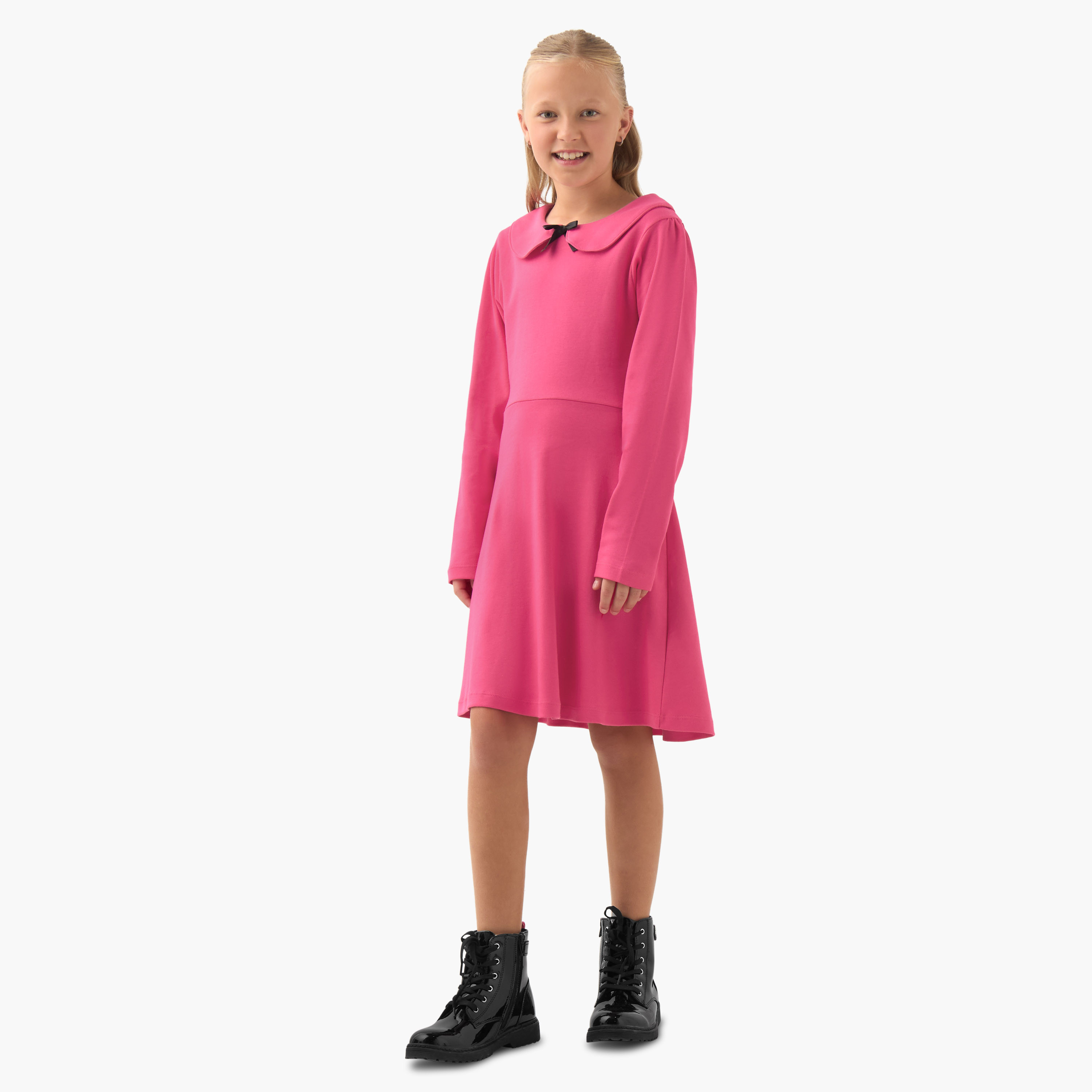 Juniors Peter Pan Collar Long Sleeves Knee Length Dress with Bow Detail-girls-clothing-dressesandjumpsuits-image-3