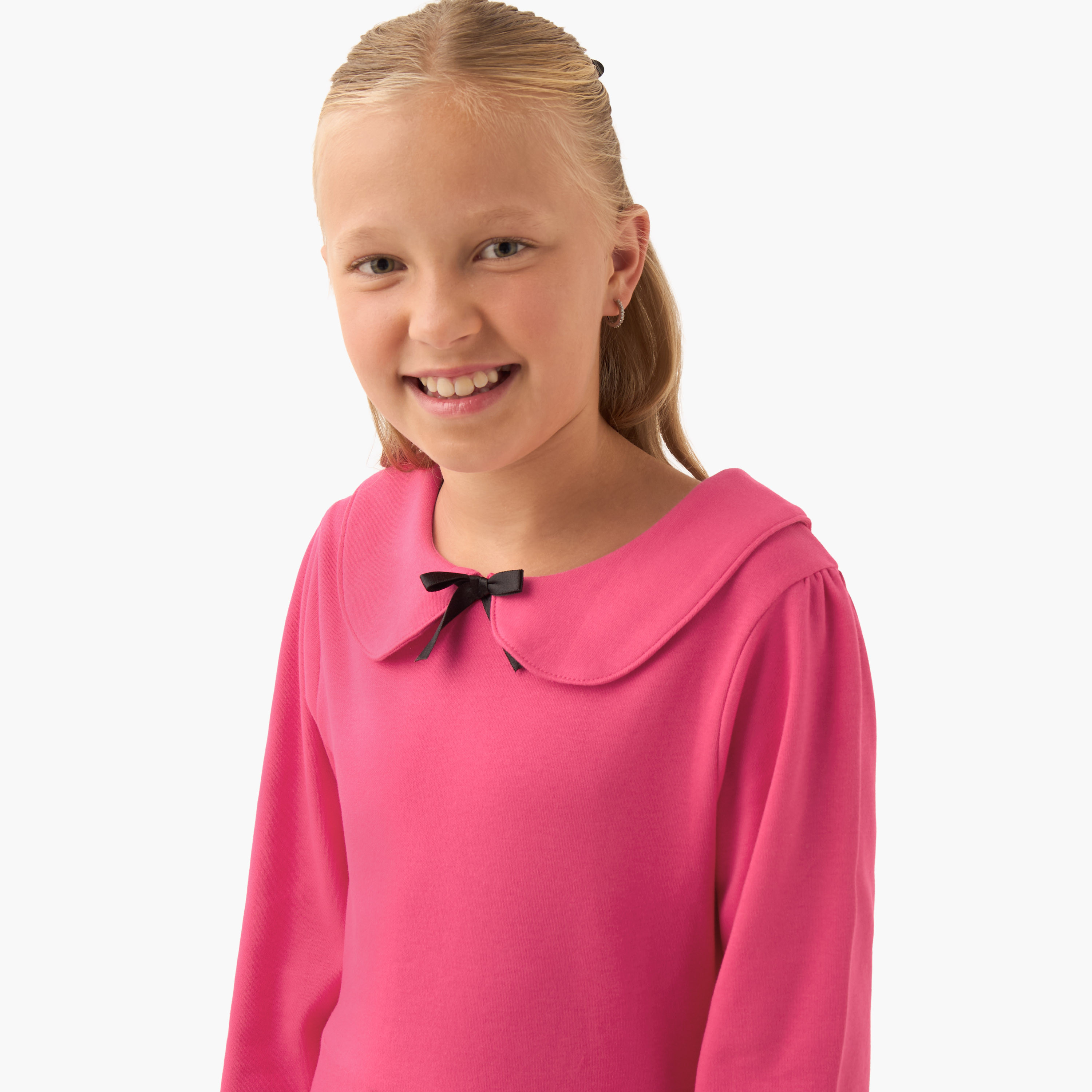 Juniors Peter Pan Collar Long Sleeves Knee Length Dress with Bow Detail-girls-clothing-dressesandjumpsuits-image-4