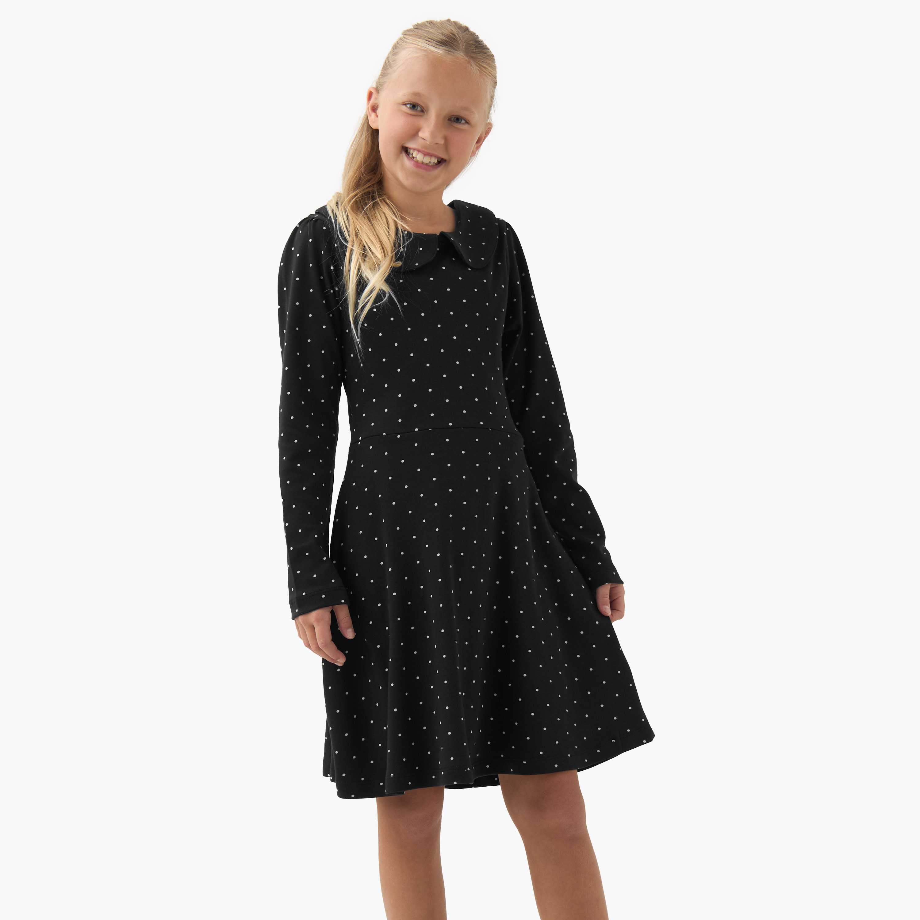 Juniors Peter Pan Collar Long Sleeves Knee Length Dress with Polka Dot Print-girls-clothing-dressesandjumpsuits-image-1
