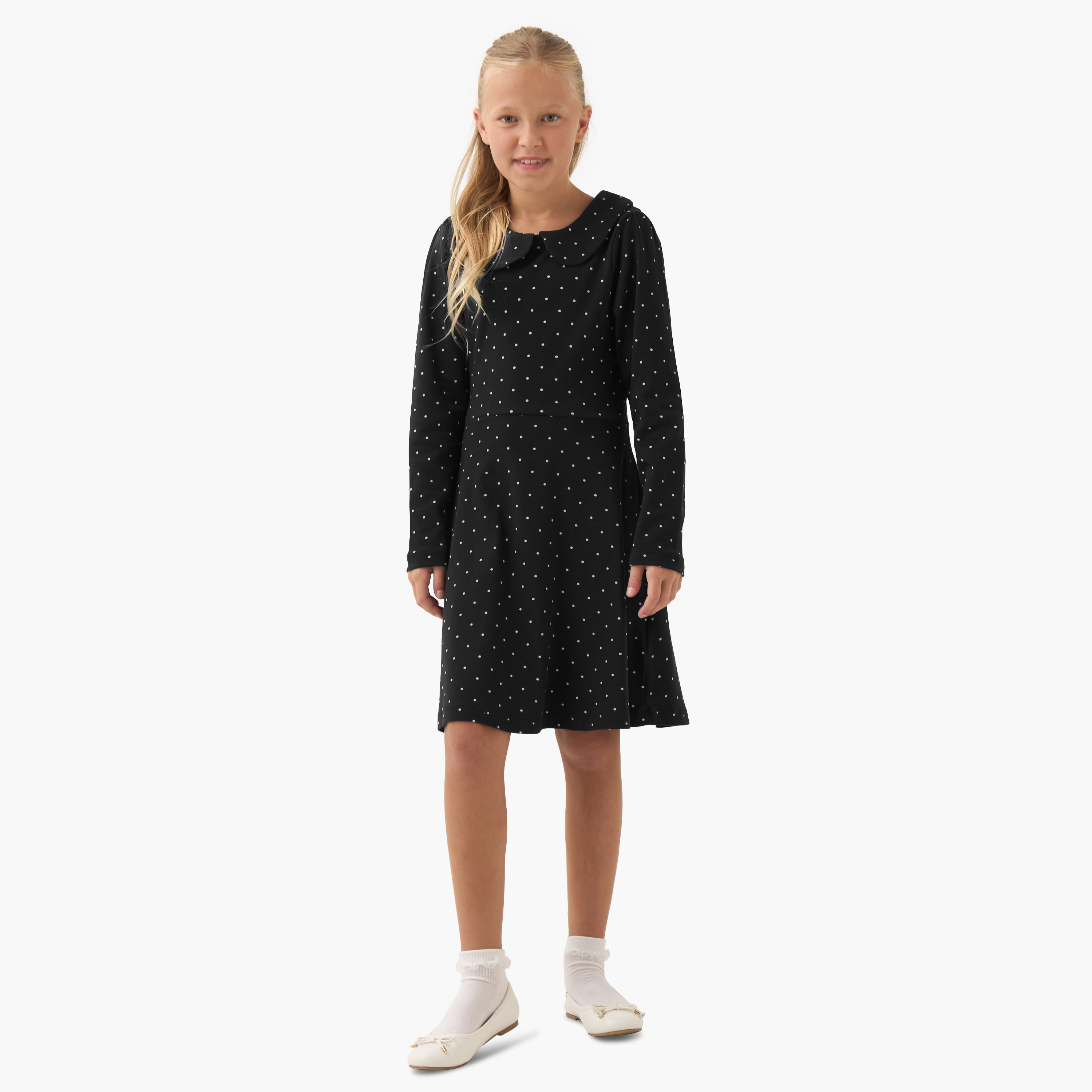 Juniors Peter Pan Collar Long Sleeves Knee Length Dress with Polka Dot Print-girls-clothing-dressesandjumpsuits-image-2